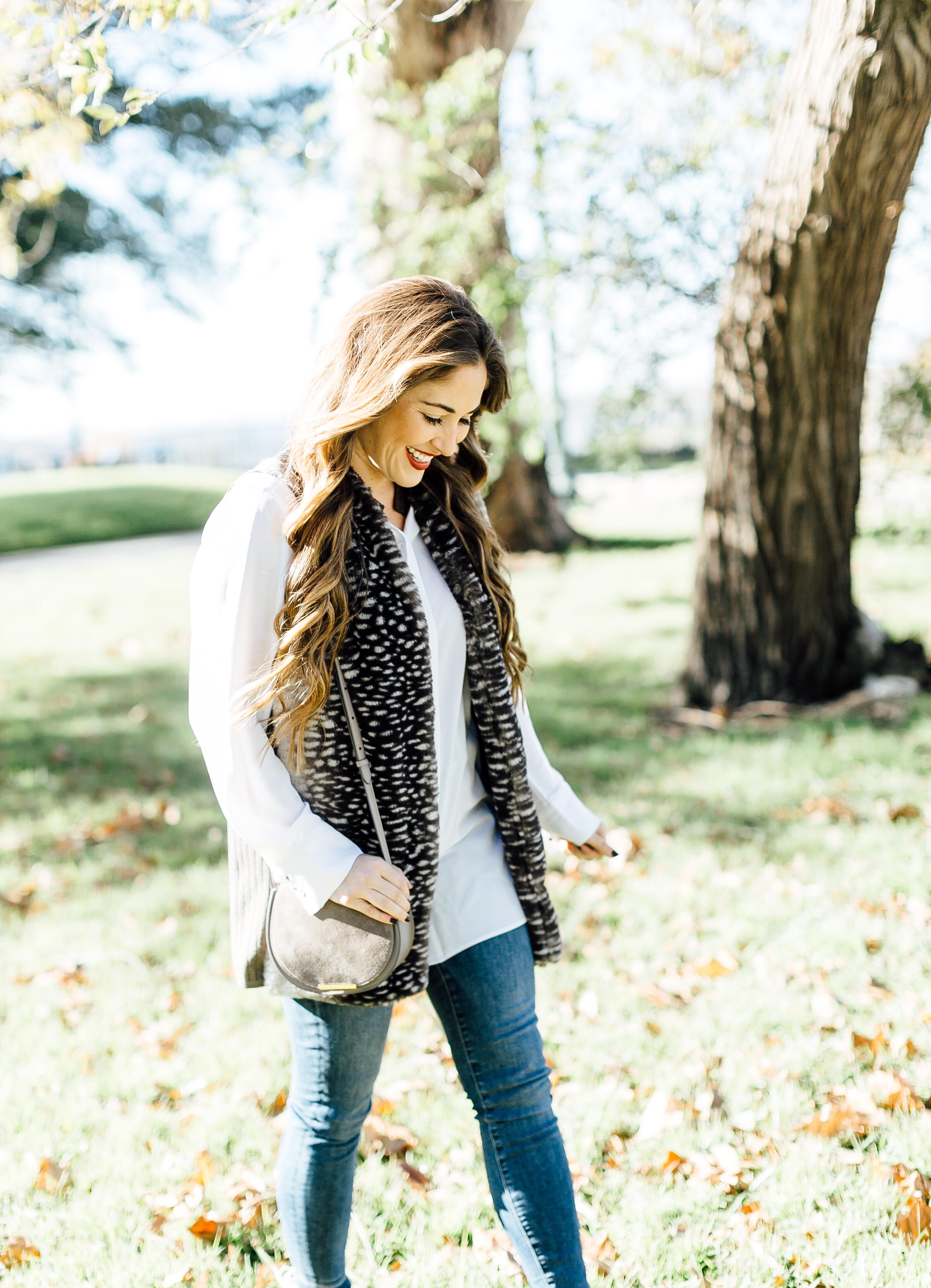 The Perfect Taupe Faux Fur Vest by East Memphis fashion blogger Walking in Memphis in High Heels