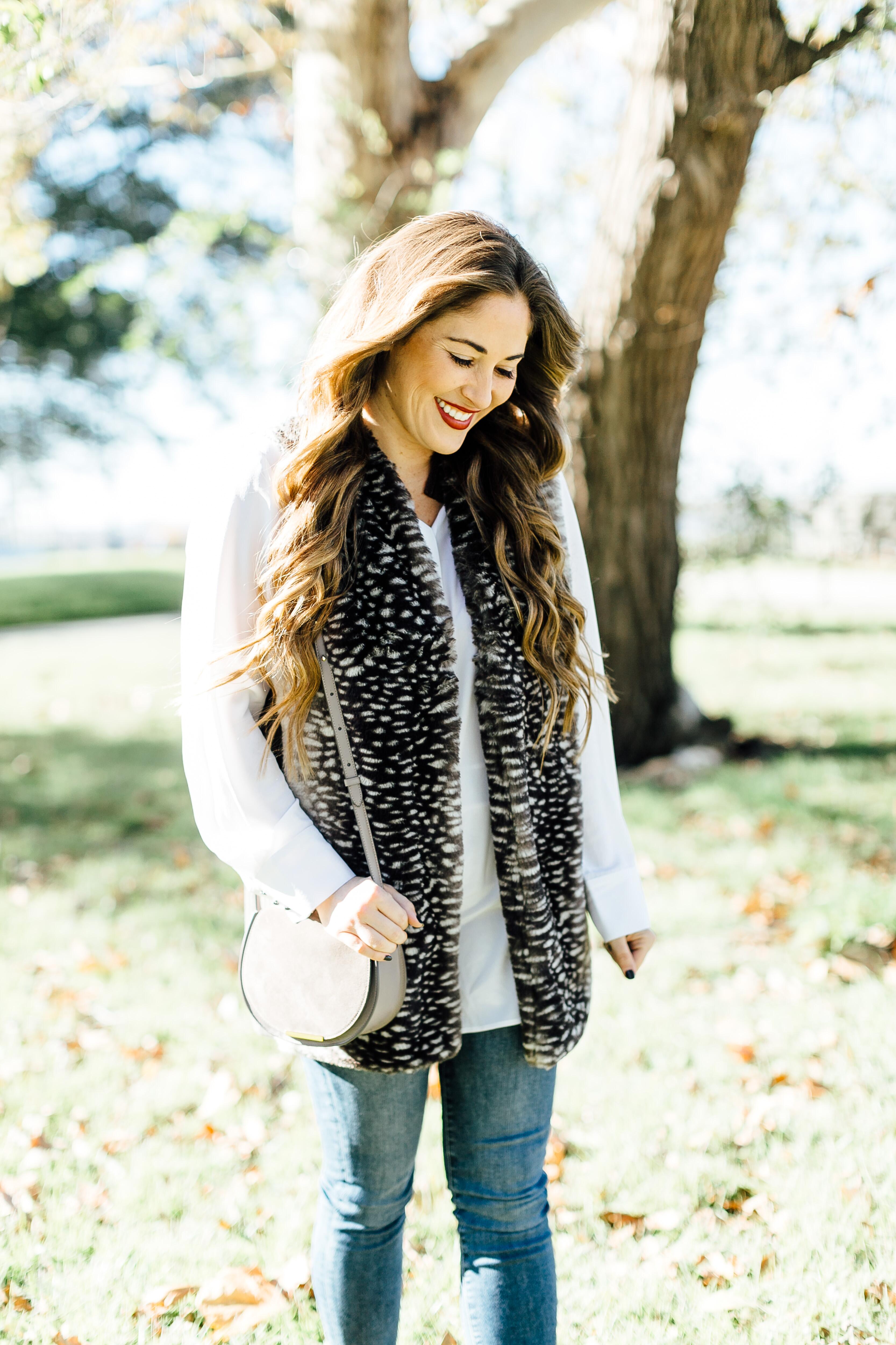 The Perfect Taupe Faux Fur Vest by East Memphis fashion blogger Walking in Memphis in High Heels