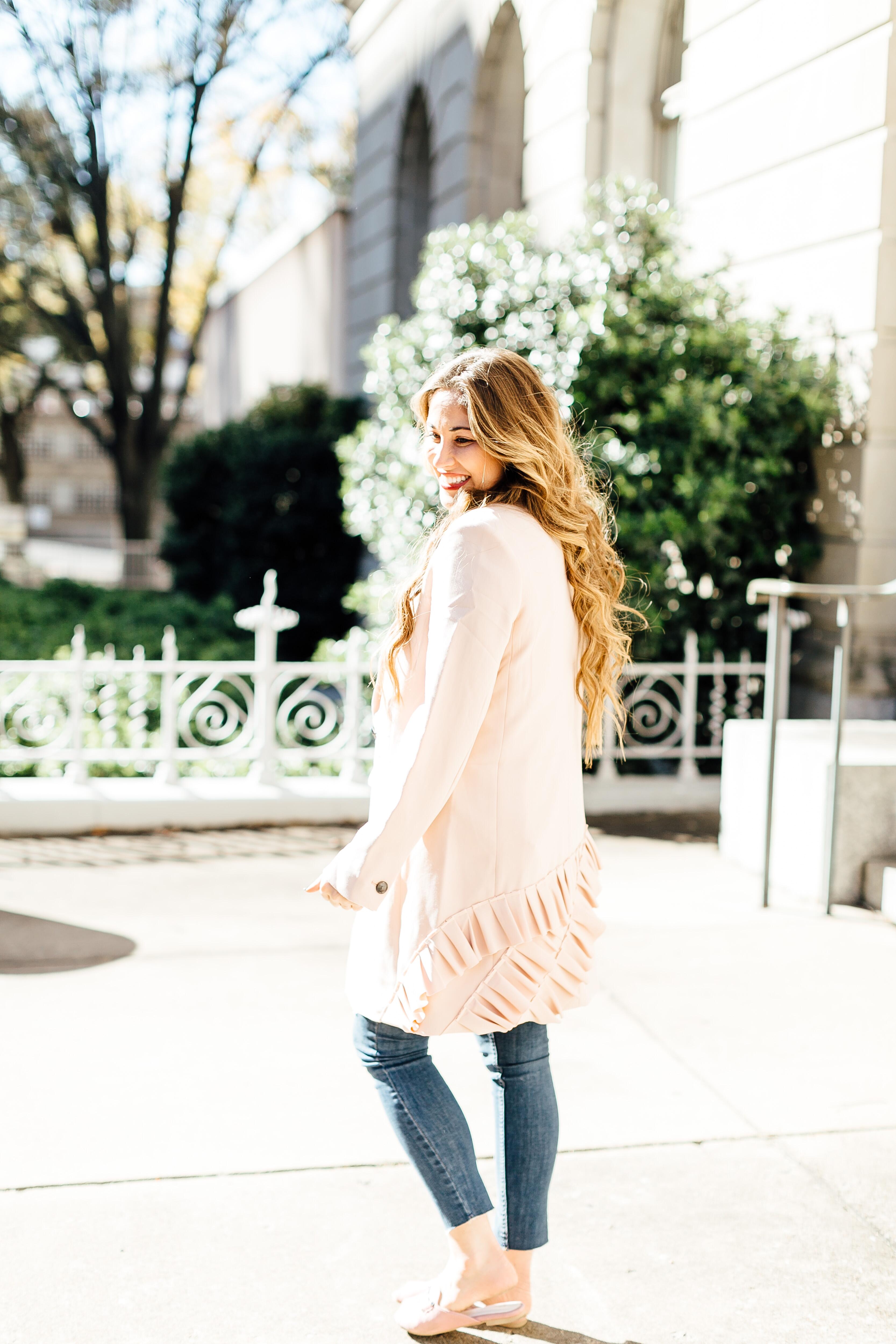 Trend Spin Linkup: Pink Ruffle Coat from Banana Republic by East Memphis fashion blogger Walking in Memphis in High Heels