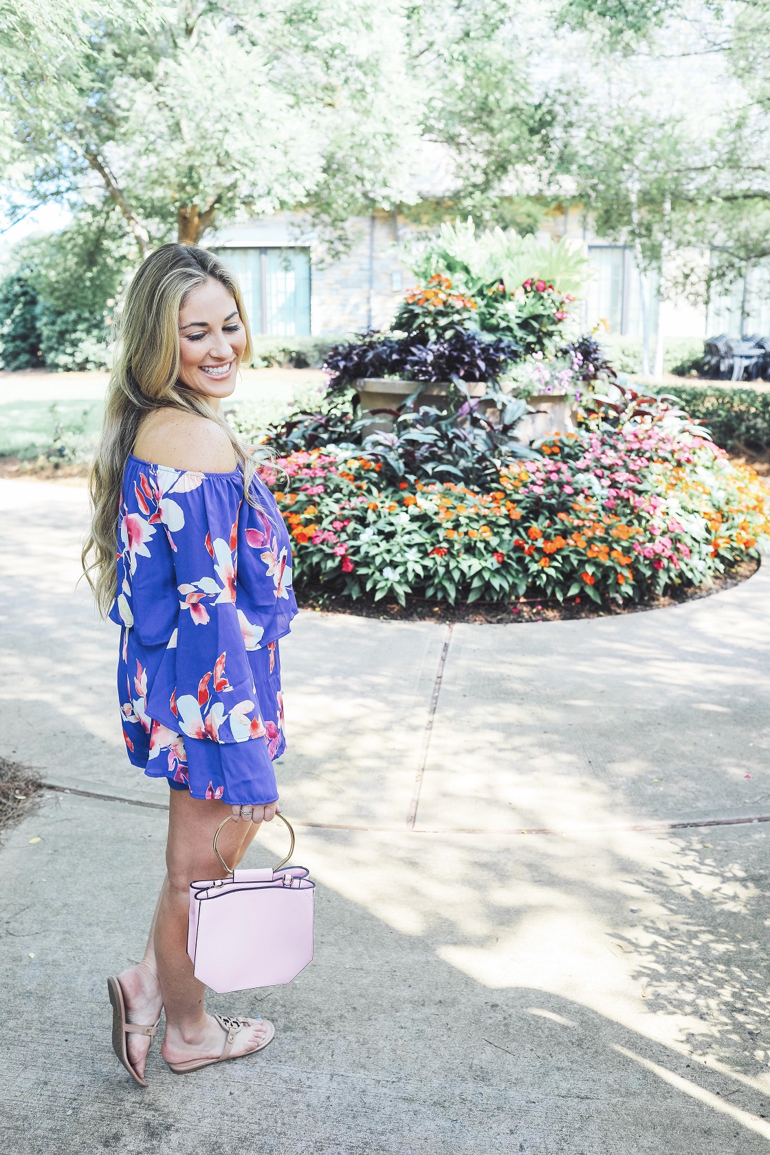 Super Cute Off the Shoulder Floral Romper from the Pink Lily Boutique featured by popular fashion blogger, Walking in Memphis in High Heels