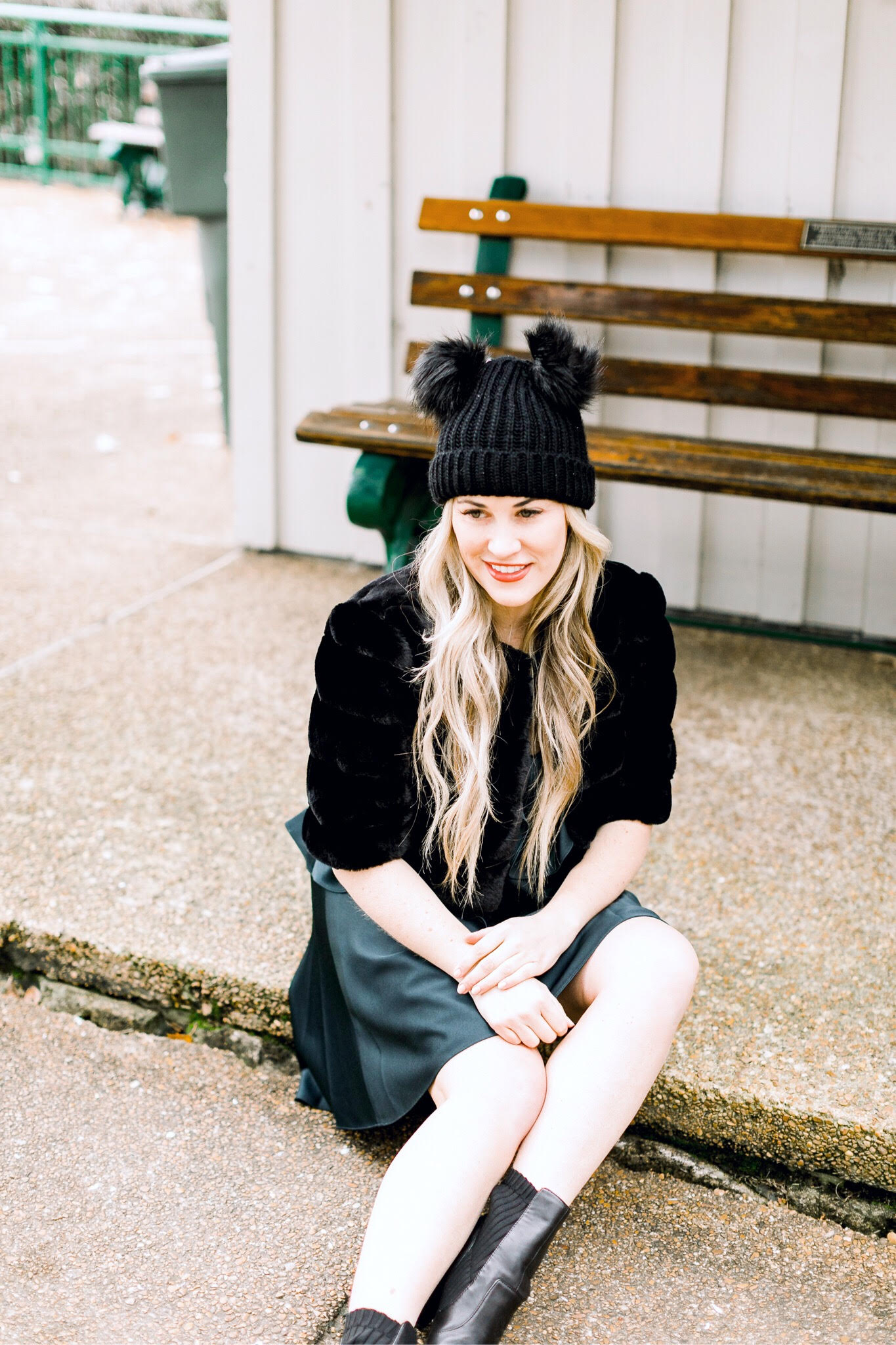 Christmas style featured by top fashion blog, Walking in Memphis in High Heels: image of a woman wearing an Eliza J dress, Sole Society sock booties and an ASOS Pom pom beanie