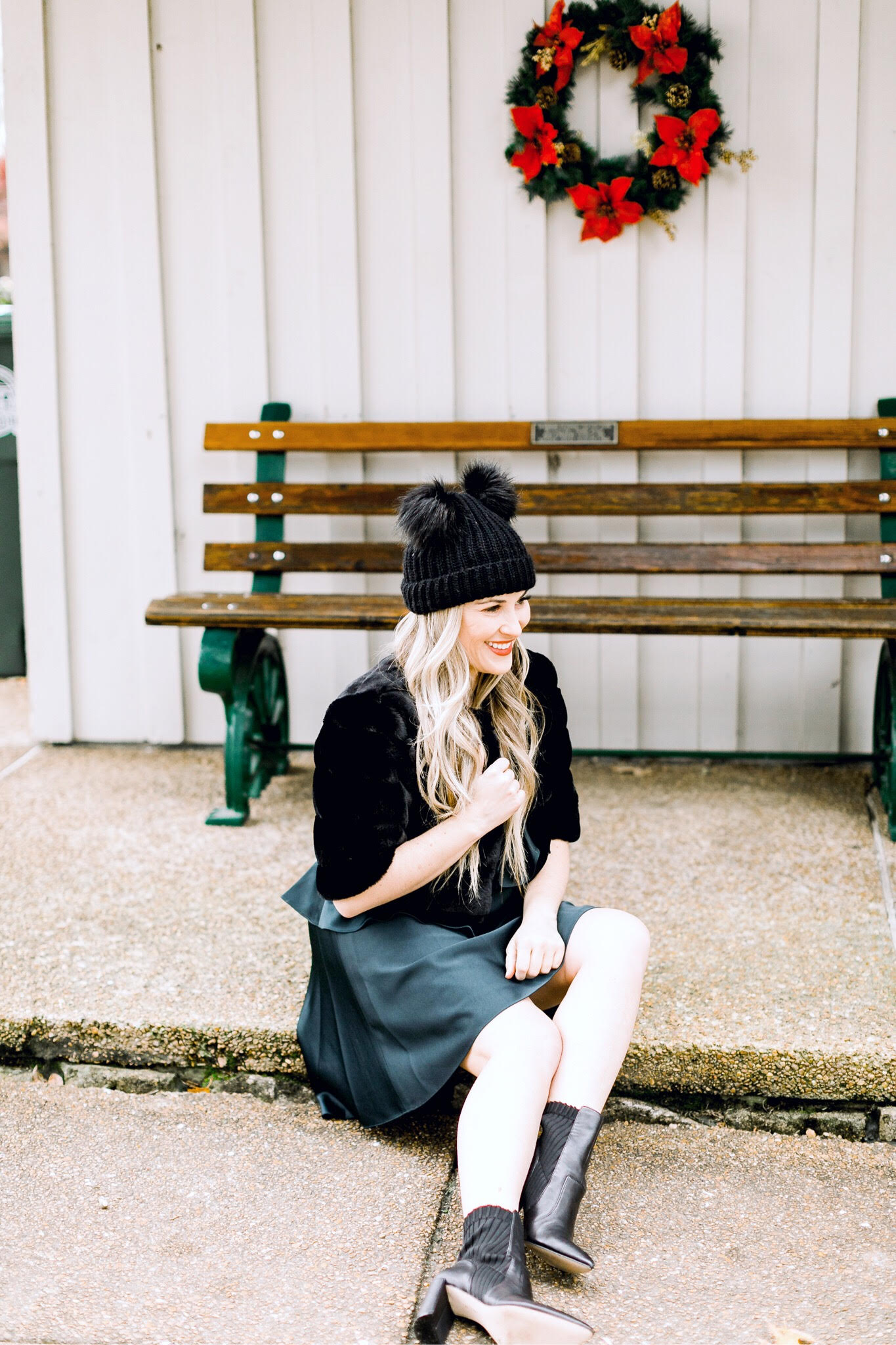 Christmas style featured by top fashion blog, Walking in Memphis in High Heels: image of a woman wearing an Eliza J dress, Sole Society sock booties and an ASOS Pom pom beanie