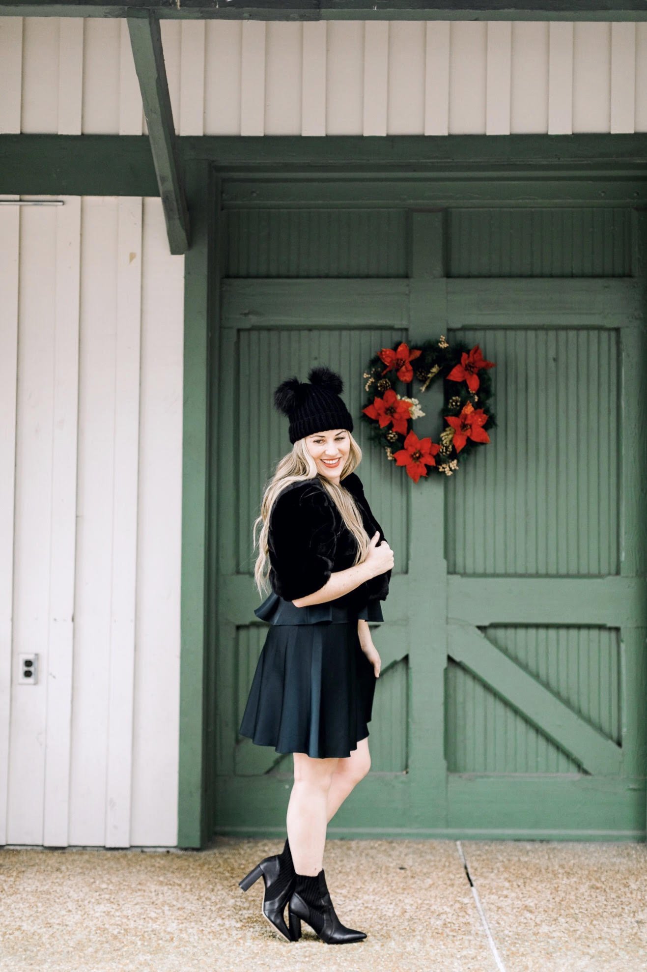 Christmas style featured by top fashion blog, Walking in Memphis in High Heels: image of a woman wearing an Eliza J dress, Sole Society sock booties and an ASOS Pom pom beanie