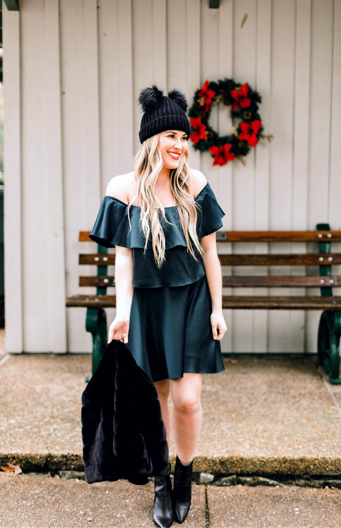 Christmas style featured by top fashion blog, Walking in Memphis in High Heels: image of a woman wearing an Eliza J dress, Sole Society sock booties and an ASOS Pom pom beanie