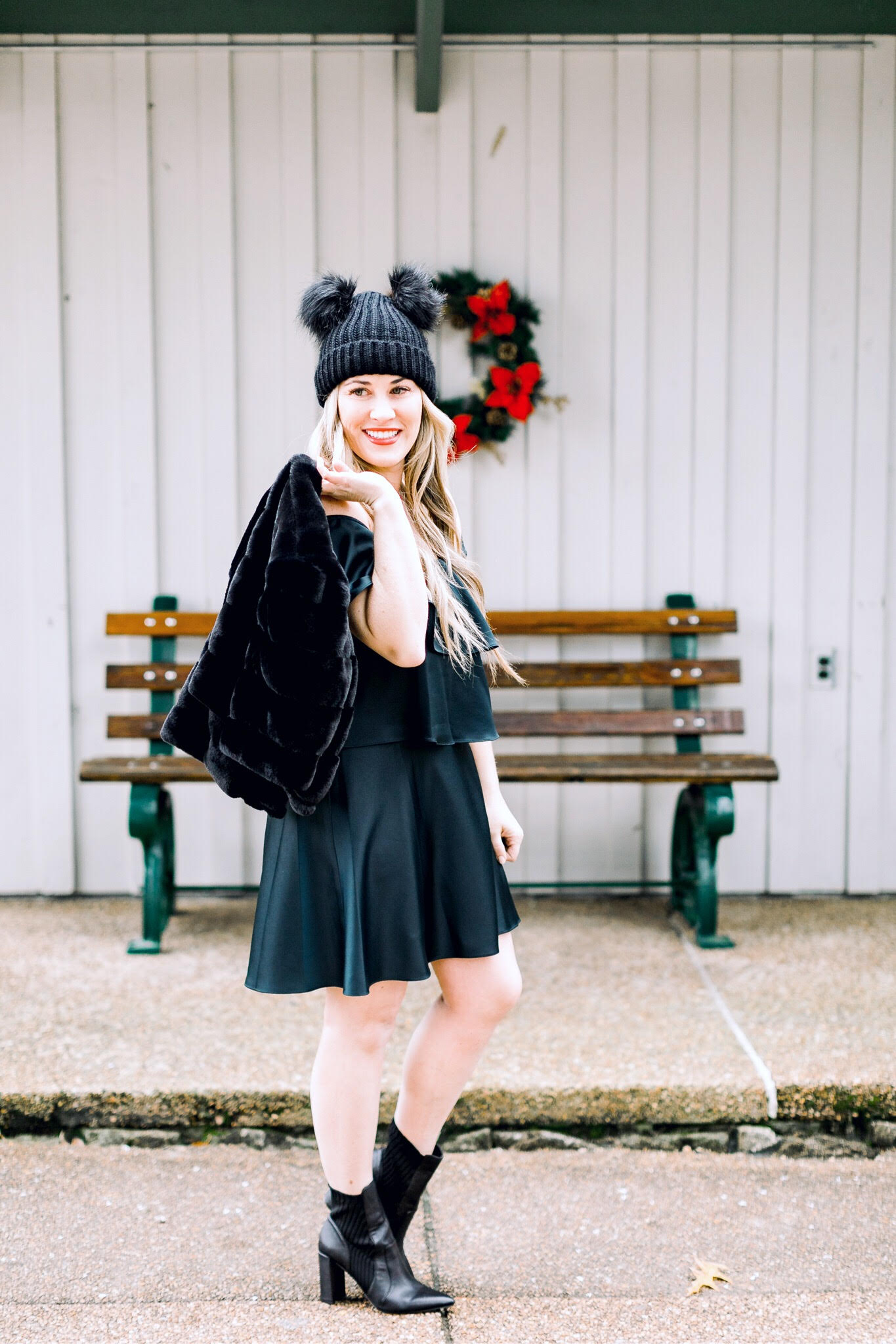 Christmas style featured by top fashion blog, Walking in Memphis in High Heels: image of a woman wearing an Eliza J dress, Sole Society sock booties and an ASOS Pom pom beanie