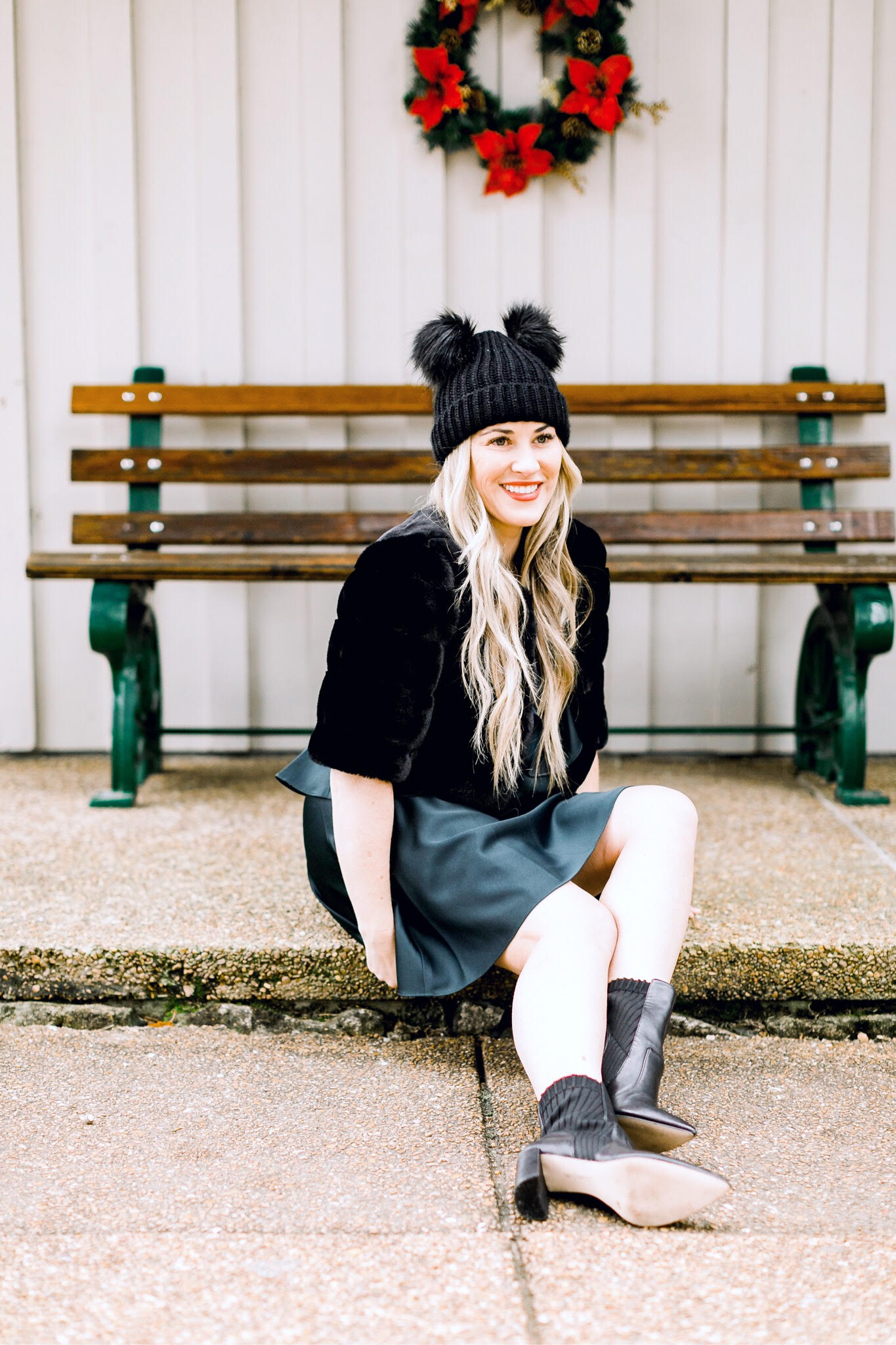 Christmas style featured by top fashion blog, Walking in Memphis in High Heels: image of a woman wearing an Eliza J dress, Sole Society sock booties and an ASOS Pom pom beanie