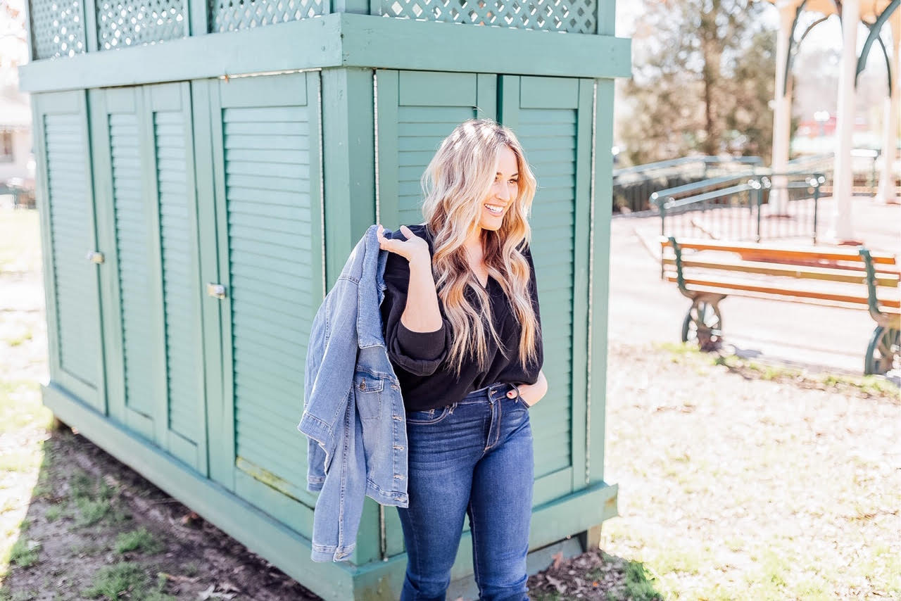 Sofia Vergara jeans featured by top US fashion blog, Walking in Memphis in High Heels: image of a woman wearing Sofia Vergara skinny jeans, Sofia Vergara sweatshirt, Sofia Vergara denim jacket and faux suede leopard print booties