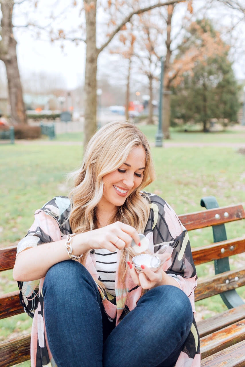 Fresh Faced Spring Makeup routine featured by top US beauty blog, Walking in Memphis in High Heels: image of a woman wearing a Sole Society floral kimono, Target striped t shirt, KUT skinny jeans, Tory Burch sandals and a quote pouch