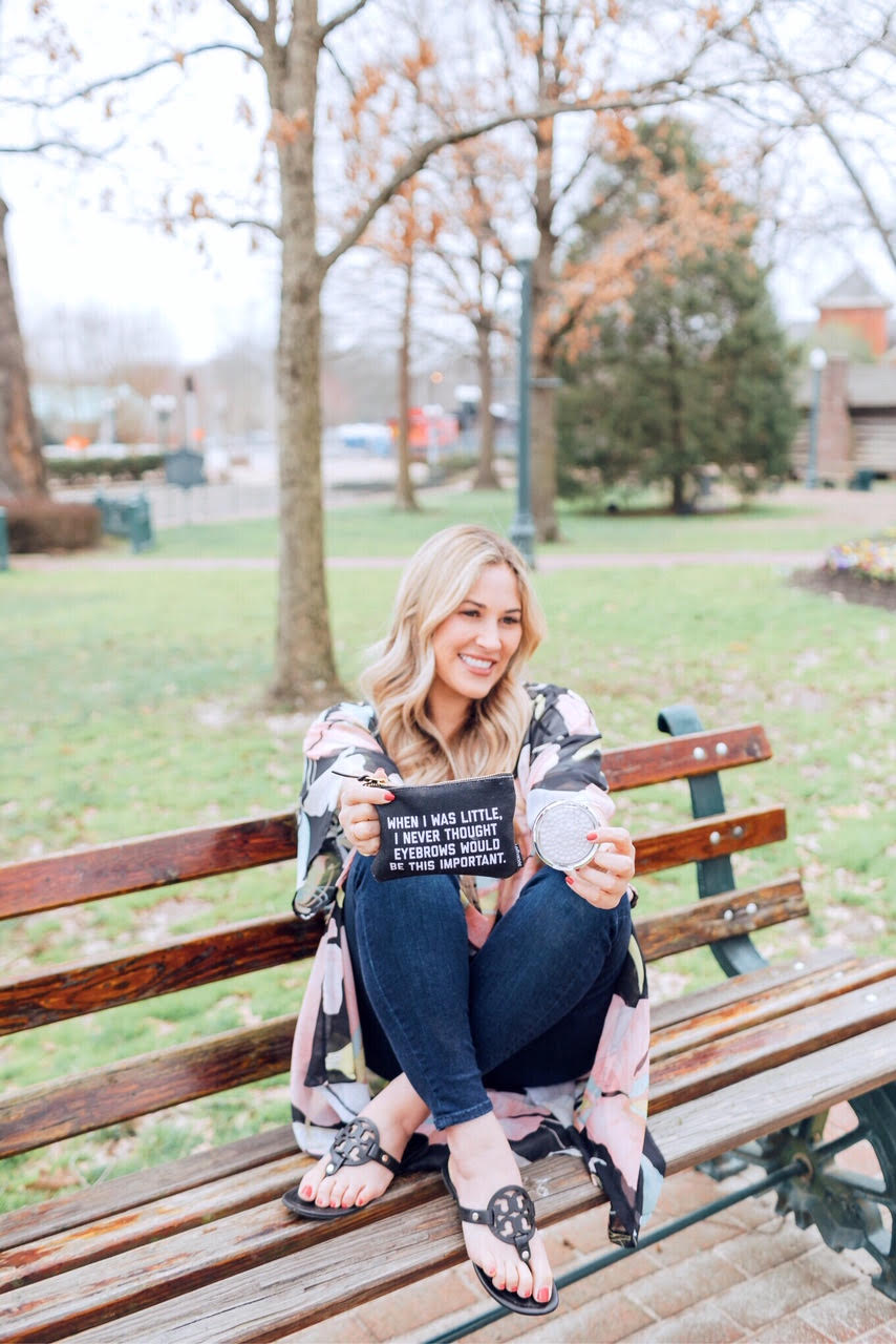 Fresh Faced Spring Makeup routine featured by top US beauty blog, Walking in Memphis in High Heels: image of a woman wearing a Sole Society floral kimono, Target striped t shirt, KUT skinny jeans, Tory Burch sandals and a quote pouch