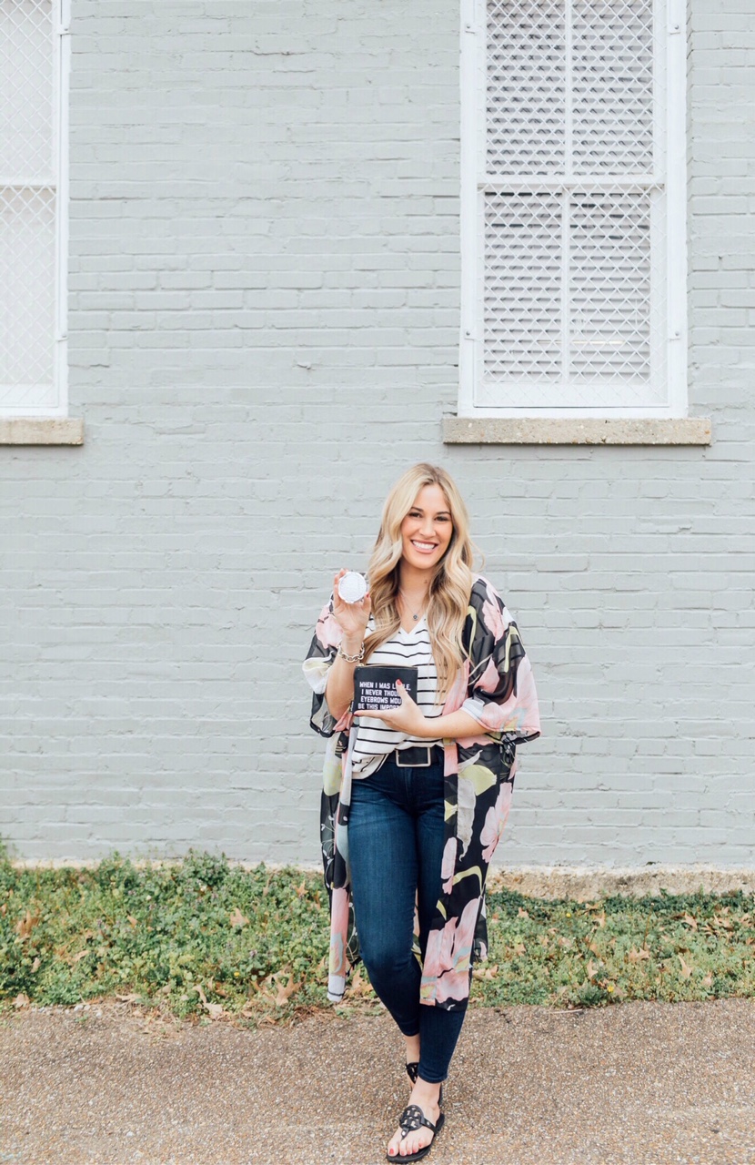 Fresh Faced Spring Makeup routine featured by top US beauty blog, Walking in Memphis in High Heels: image of a woman wearing a Sole Society floral kimono, Target striped t shirt, KUT skinny jeans, Tory Burch sandals and a quote pouch