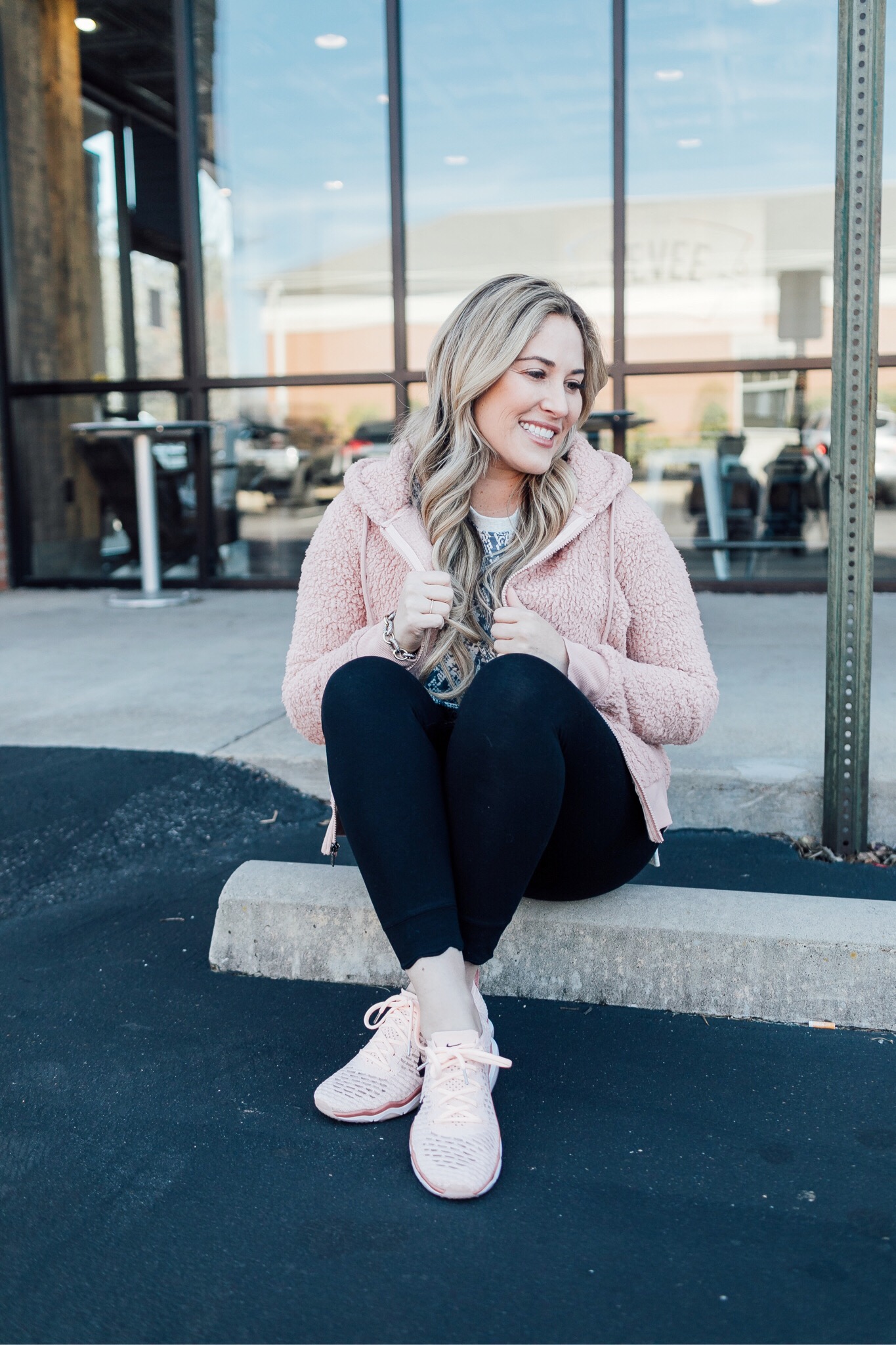 Core Challenge featured by top fitness blog, Walking in Memphis in High Heels: image of a woman wearing a Marc New York Performance fleece jacket, Snake Skin cotton sweatshirt, scalloped leggings and Nike Flyknit sneakers