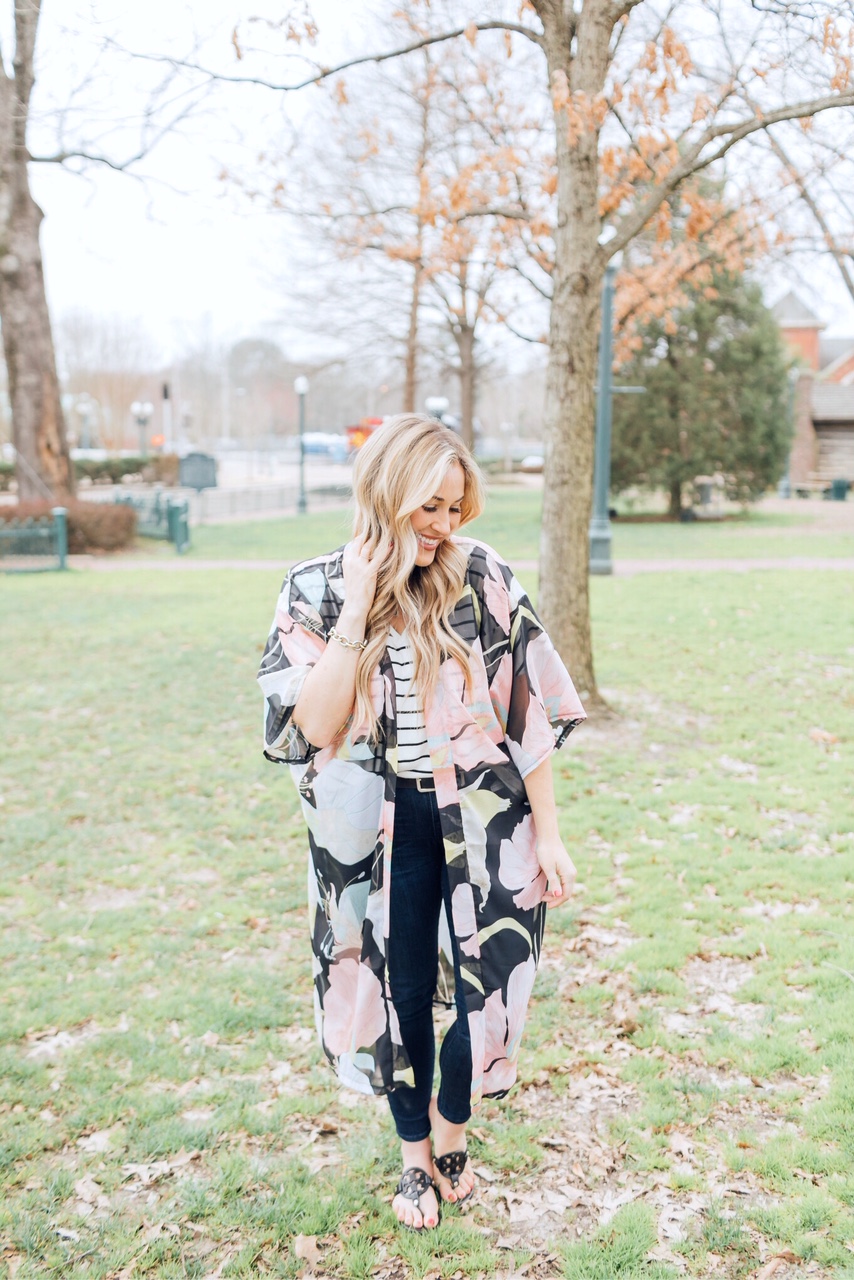 Floral kimono for Spring styled by top US fashion blog, Walking in Memphis in High Heels: image of a woman wearing a Sole Society floral kimono, Target striped shirt, KUT from the Kloth skinny jeans, and Tory Burch leather sandals