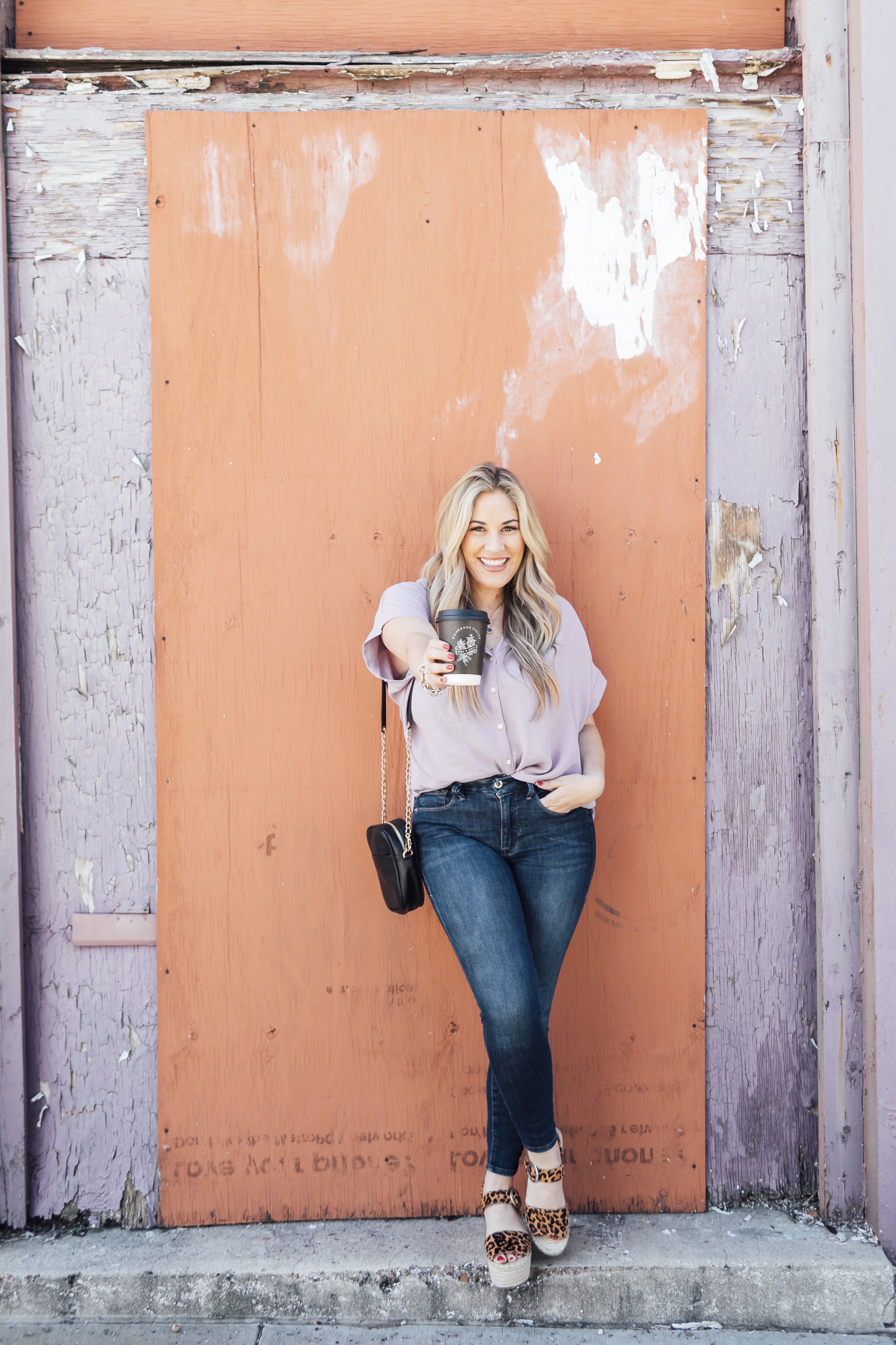 Pastel trend featured by top US fashion blog, Walking in Memphis in High Heels: image of a woman wearing a Madewell lavender pastel shirt, denim jeans and leopard wedge sandals.