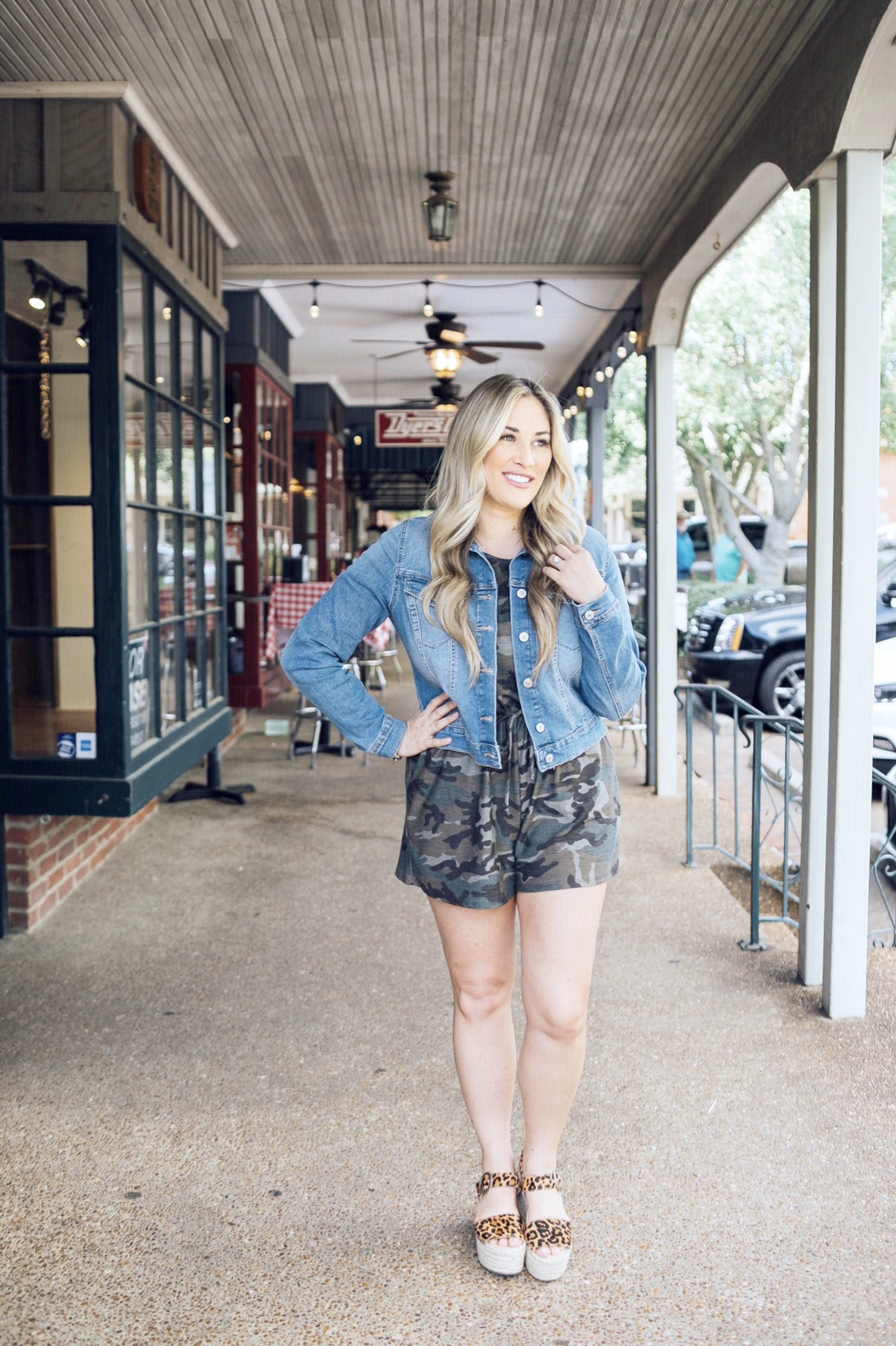 Summer style featured by top US fashion blog, Walking in Memphis in High Heels: image of a woman wearing a Pink Lily Boutique camp romper, Marc Fisher platform sandals, and Sofia Jeans by Sofia Vergara denim jacket