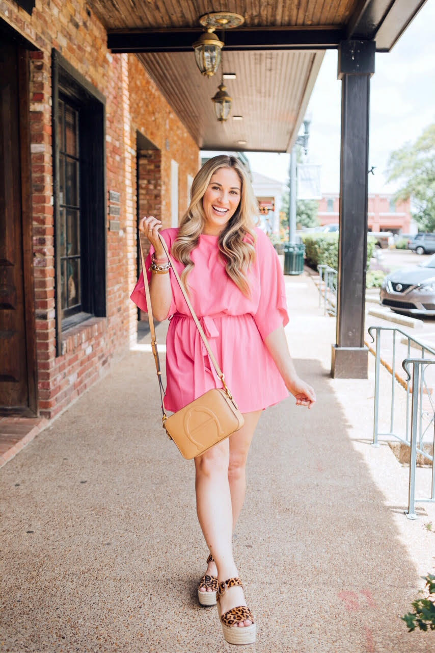 Victoria Emerson Wrap Bracelets giveaway featured by top US fashion blog, Walking in Memphis in High Heels: image of a woman wearing a Red Dress Boutique pink romper, Marc Fisher leopard platform espadrilles and Victoria Emerson double wrap leather bracelets