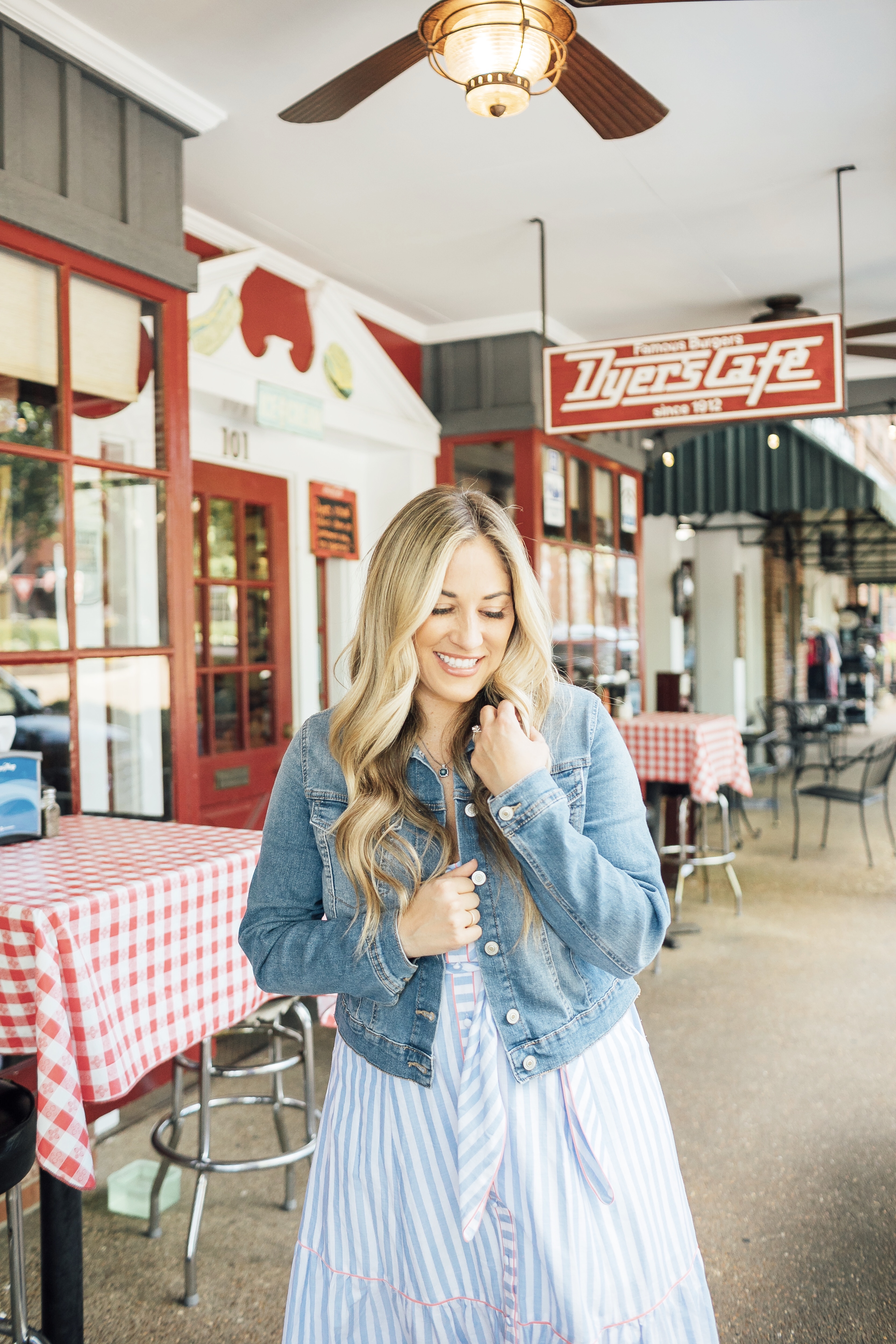 Eliza J Dress styled for summer by top US fashion blog, Walking in Memphis in High Heels: image of a woman wearing an Eliza J striped maxi dress, Sofia Jeans by Sofia Vergara denim jacket and Marc Fisher espadrille sandals.