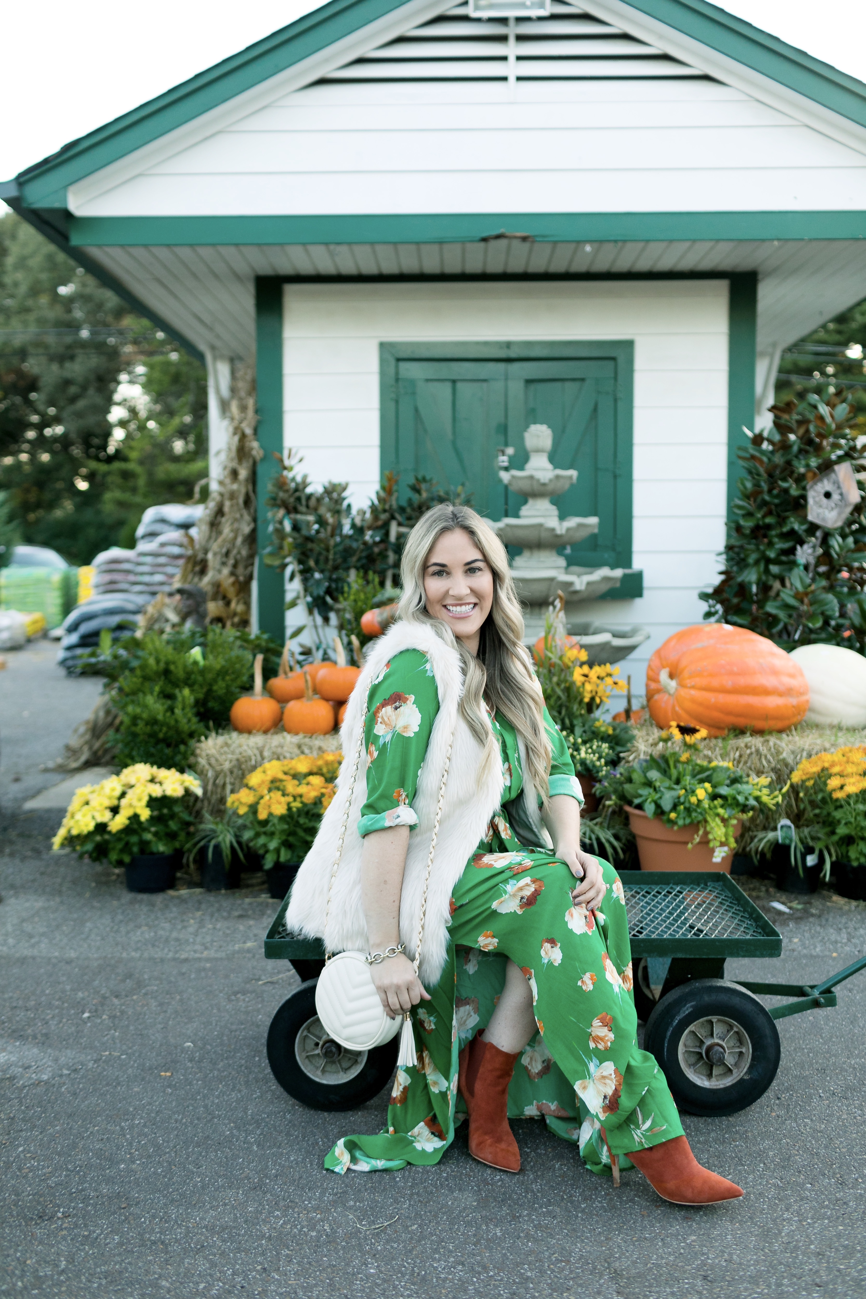 What to Wear for Thanksgiving, outfit featured by top US fashion blog, Walking in Memphis in High Heels: image of a woman wearing a Socialite utility maxi dress, La Fiorentina faux fur vest, ALDO ankle boots and a J.Crew faux leather round bag.