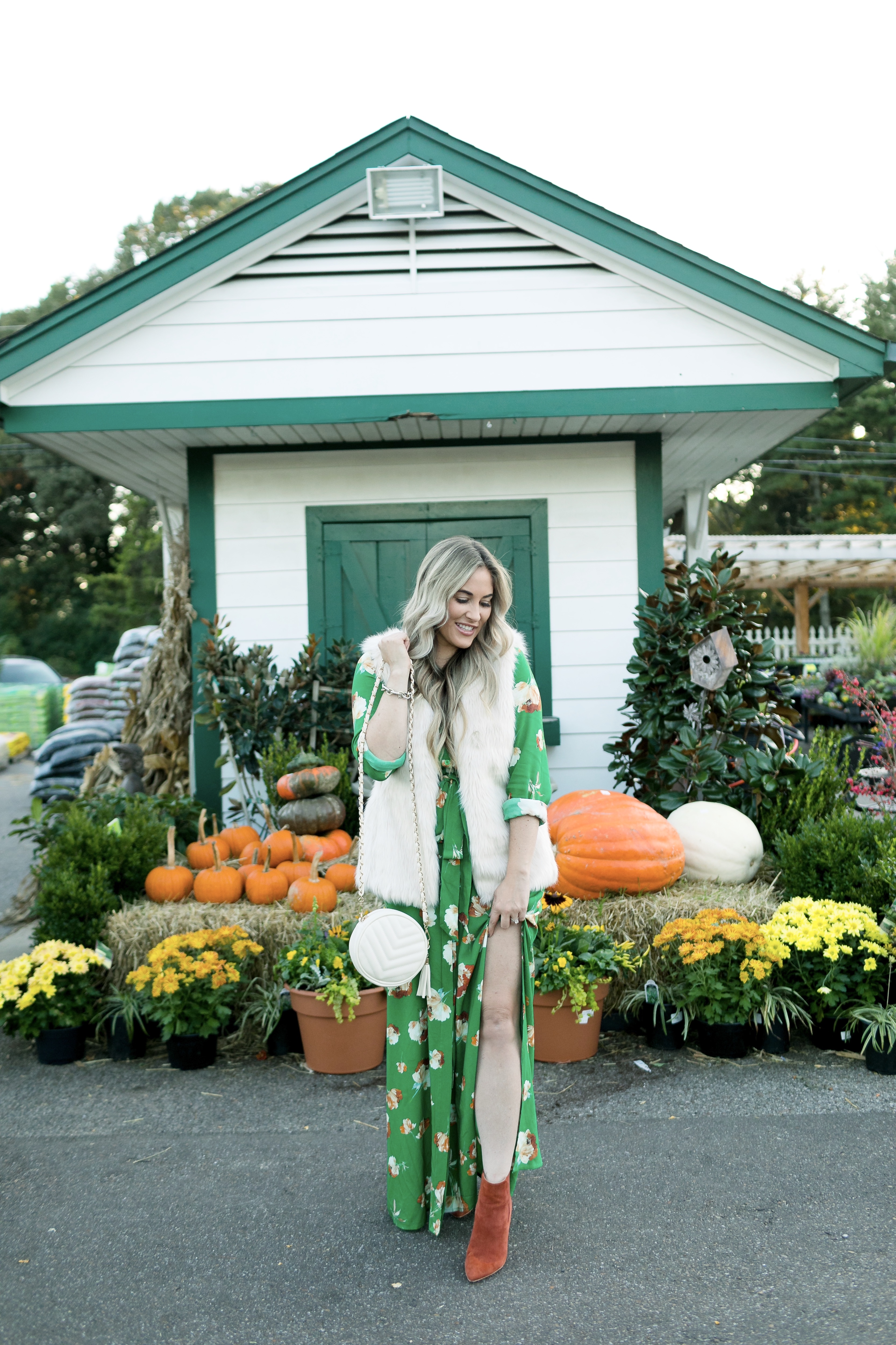 What to Wear for Thanksgiving, outfit featured by top US fashion blog, Walking in Memphis in High Heels: image of a woman wearing a Socialite utility maxi dress, La Fiorentina faux fur vest, ALDO ankle boots and a J.Crew faux leather round bag.