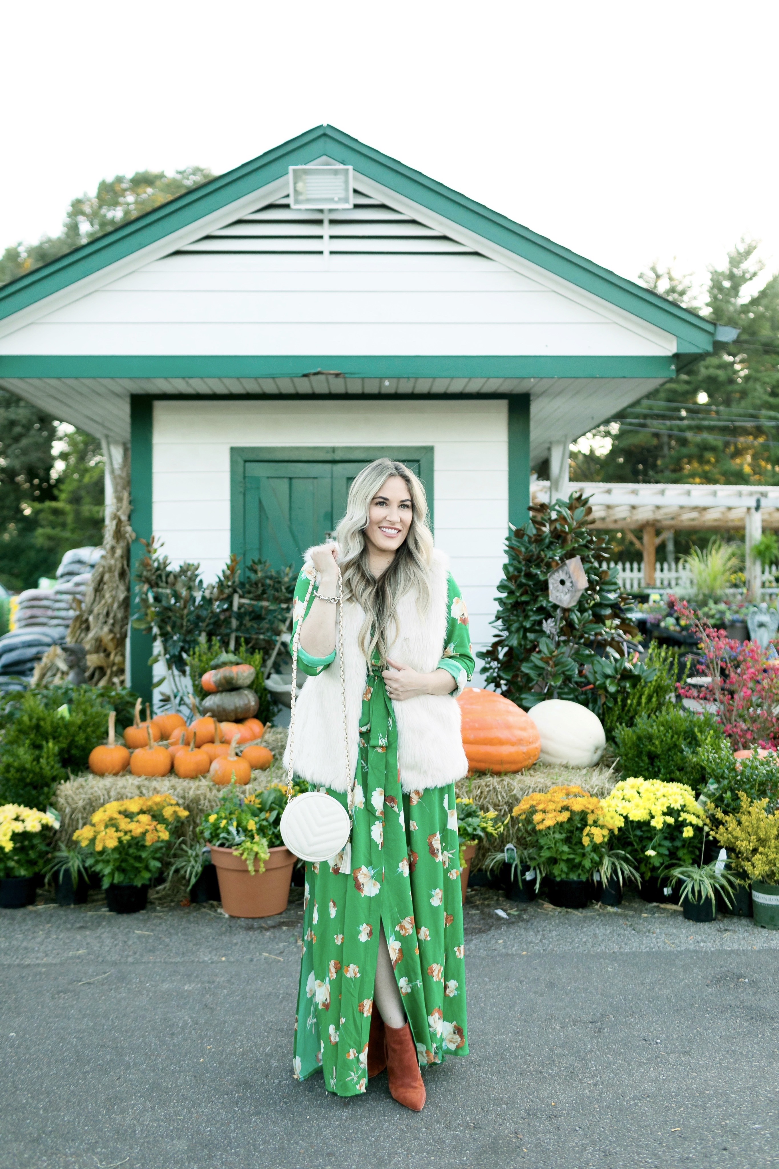 What to Wear for Thanksgiving, outfit featured by top US fashion blog, Walking in Memphis in High Heels: image of a woman wearing a Socialite utility maxi dress, La Fiorentina faux fur vest, ALDO ankle boots and a J.Crew faux leather round bag.