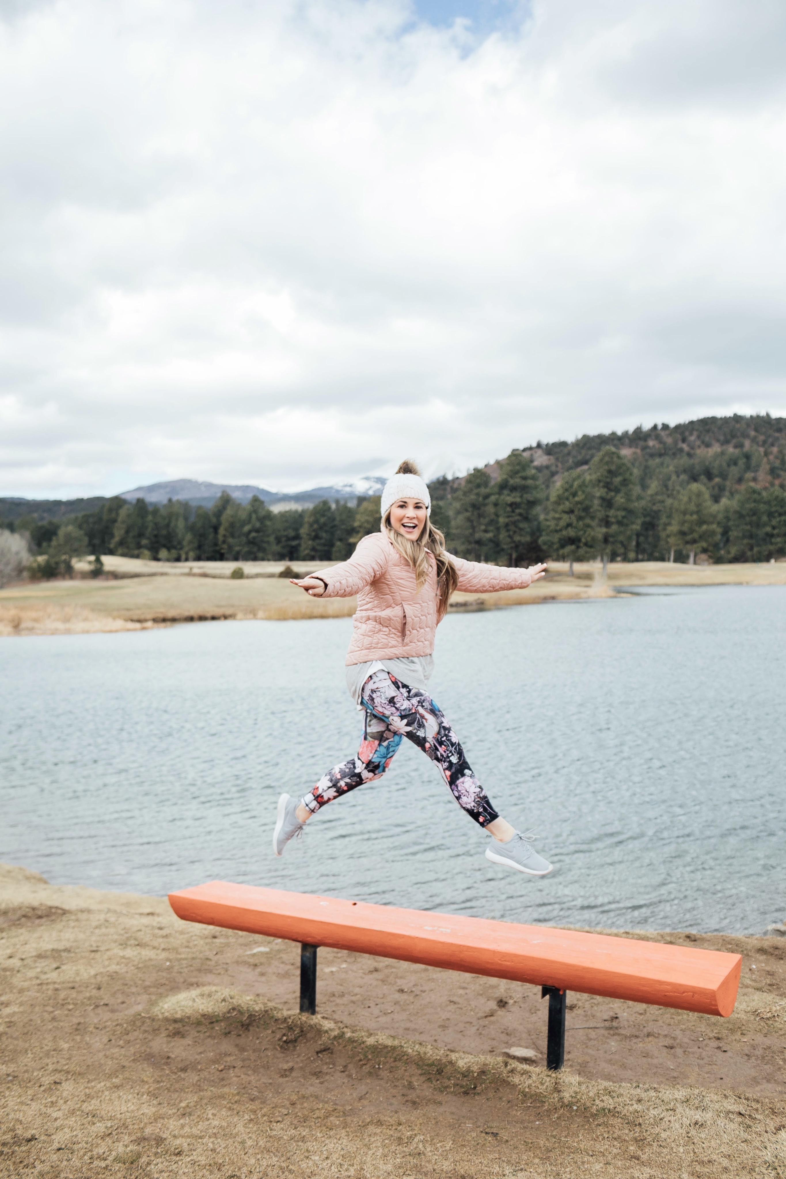 Wearing CALIA by Carrie Underwood printed leggings, printed sports bra, keyhole sweater, Adidas originals run shoes