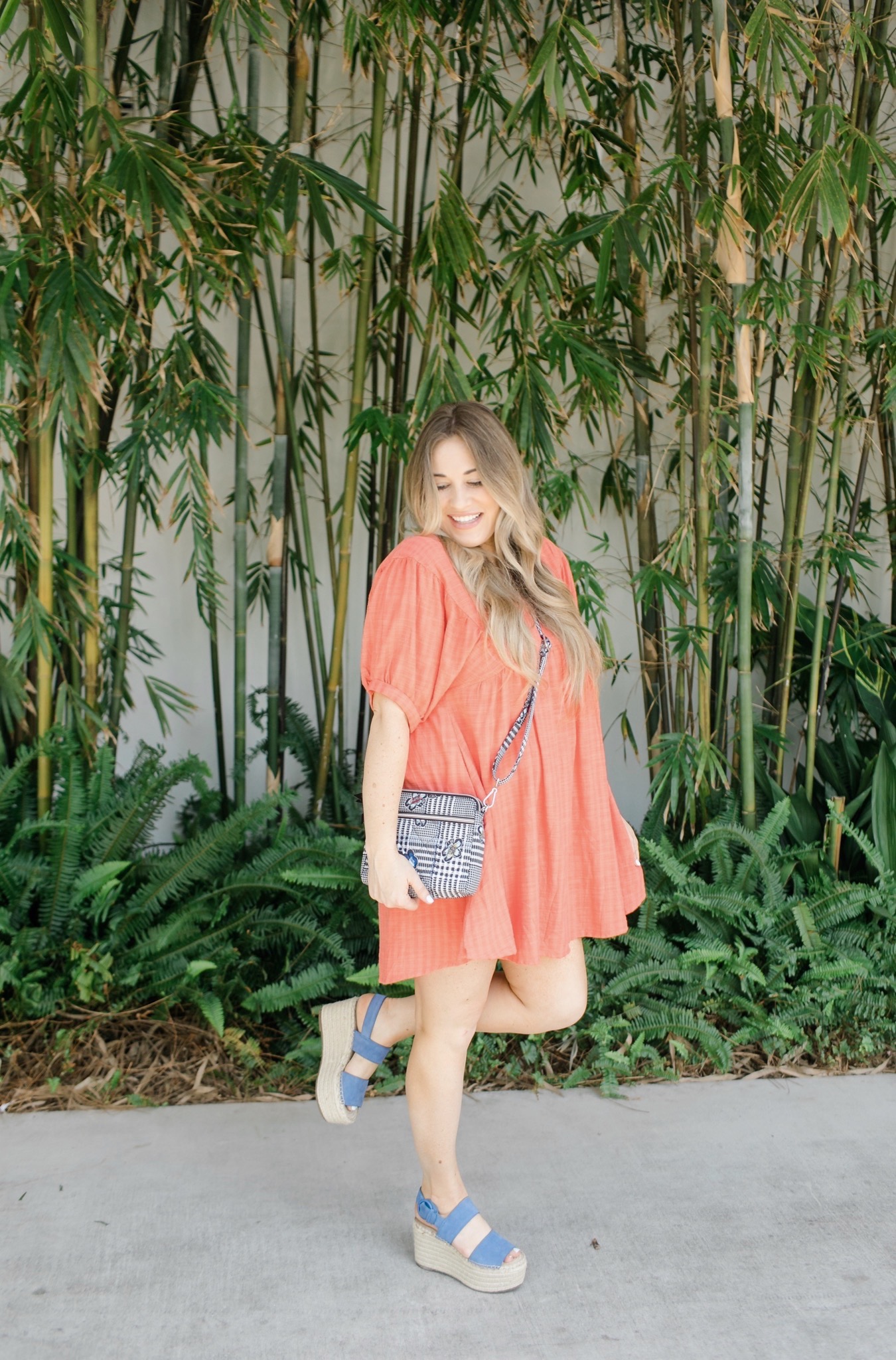 Summer Colors & Prints featured by top Memphis fashion blogger, Walking in Memphis in High Heels: image of a woman wearing a Red Dress Boutique blue dress and Marc Fisher wedge espadrille sandals.