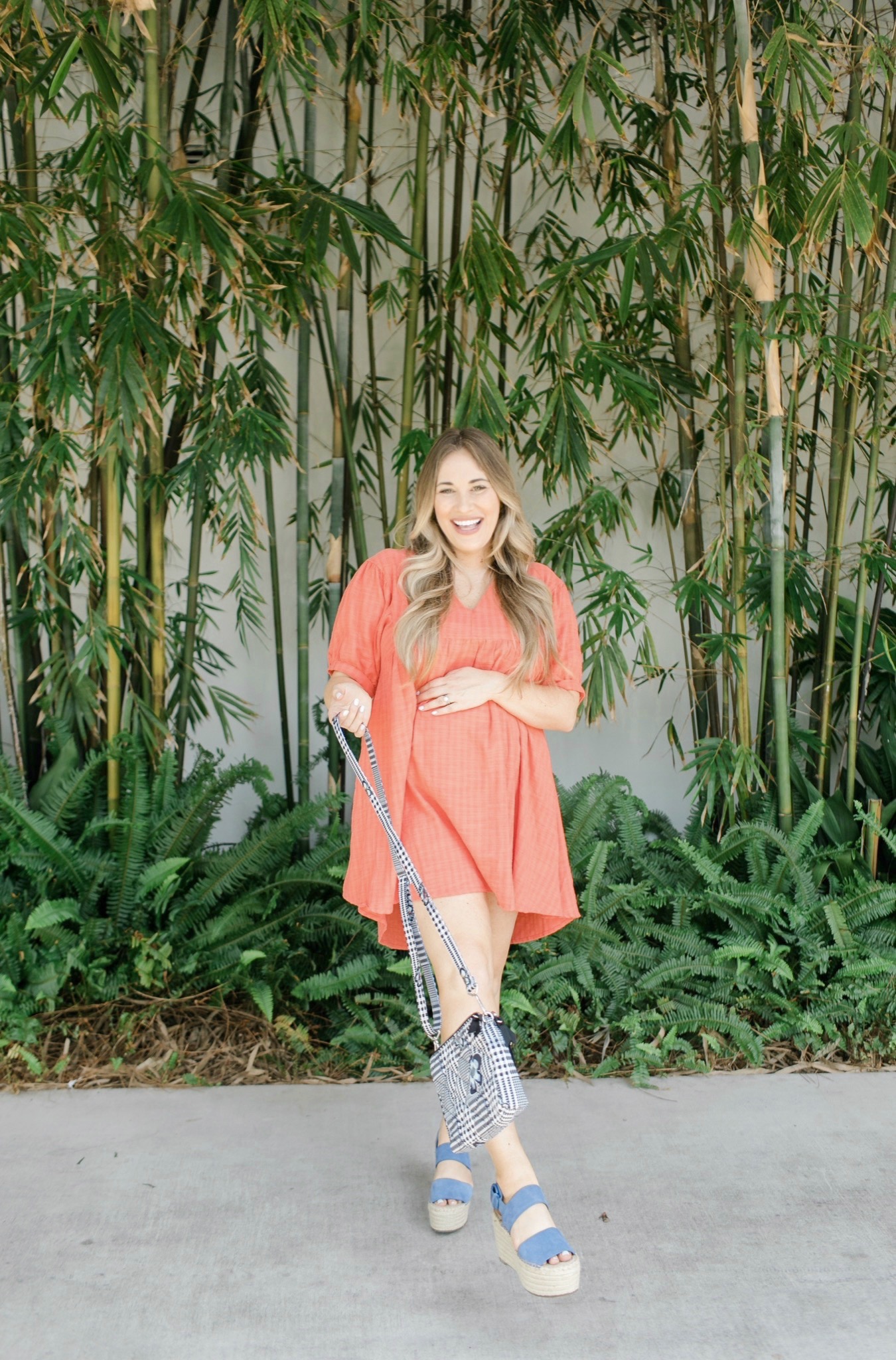 Summer Colors & Prints featured by top Memphis fashion blogger, Walking in Memphis in High Heels: image of a woman wearing a Red Dress Boutique blue dress and Marc Fisher wedge espadrille sandals.