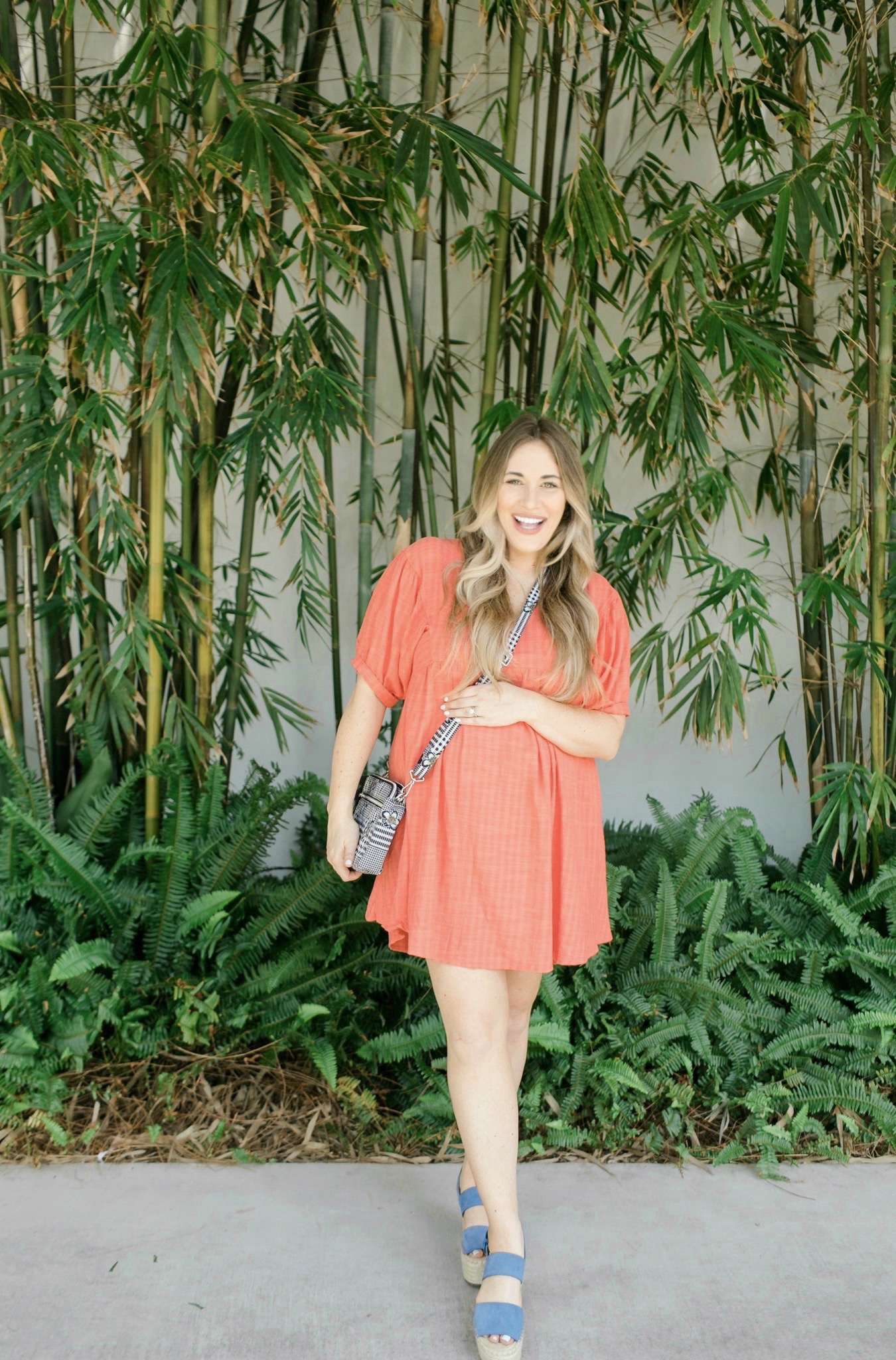 Summer Colors & Prints featured by top Memphis fashion blogger, Walking in Memphis in High Heels: image of a woman wearing a Red Dress Boutique blue dress and Marc Fisher wedge espadrille sandals.