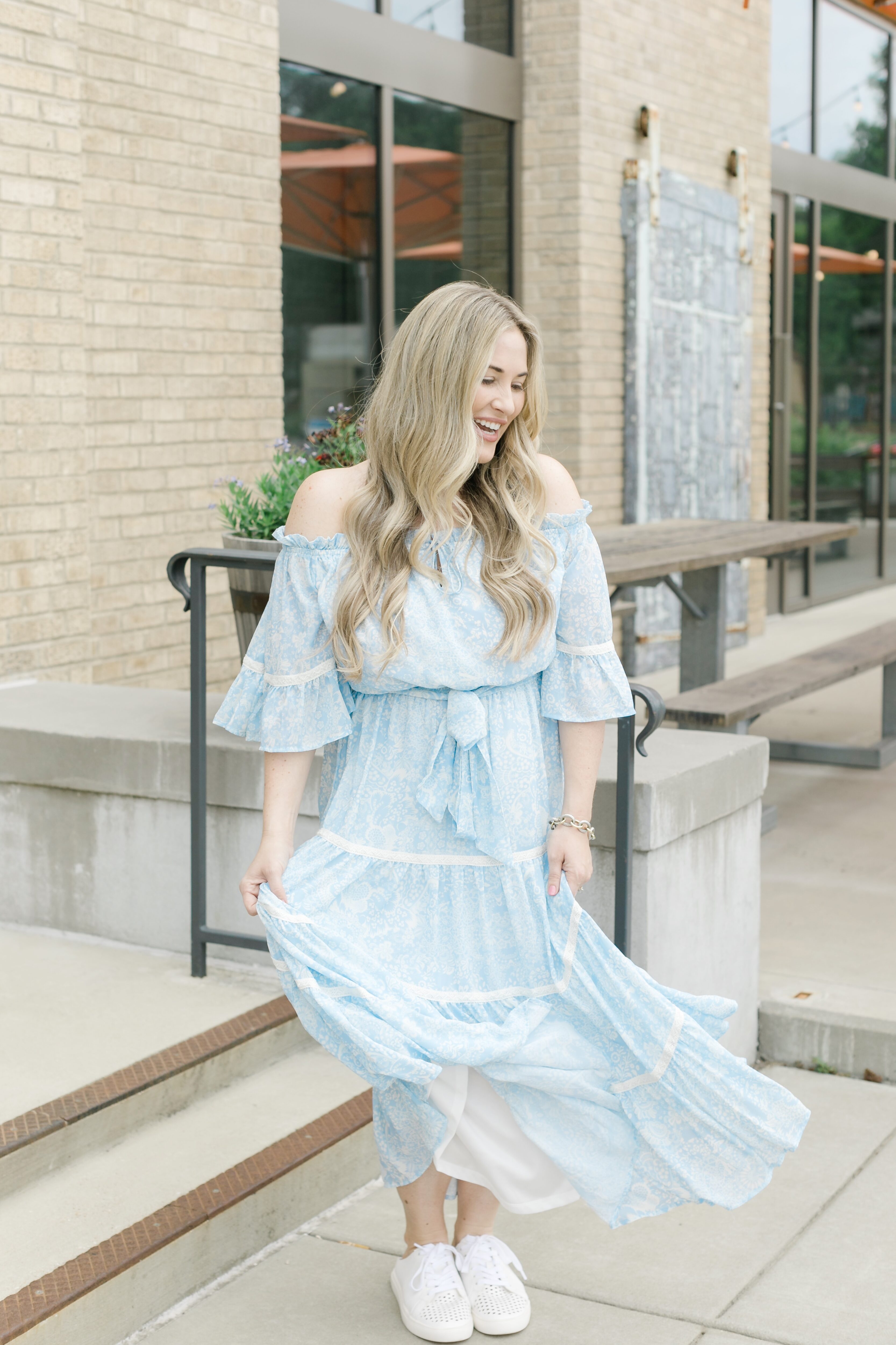 Midi and Maxi dresses for summer featured by top Memphis fashion blogger, Walking in Memphis in High Heels: image of a woman wearing a Pink Blush blue maxi floral dress.