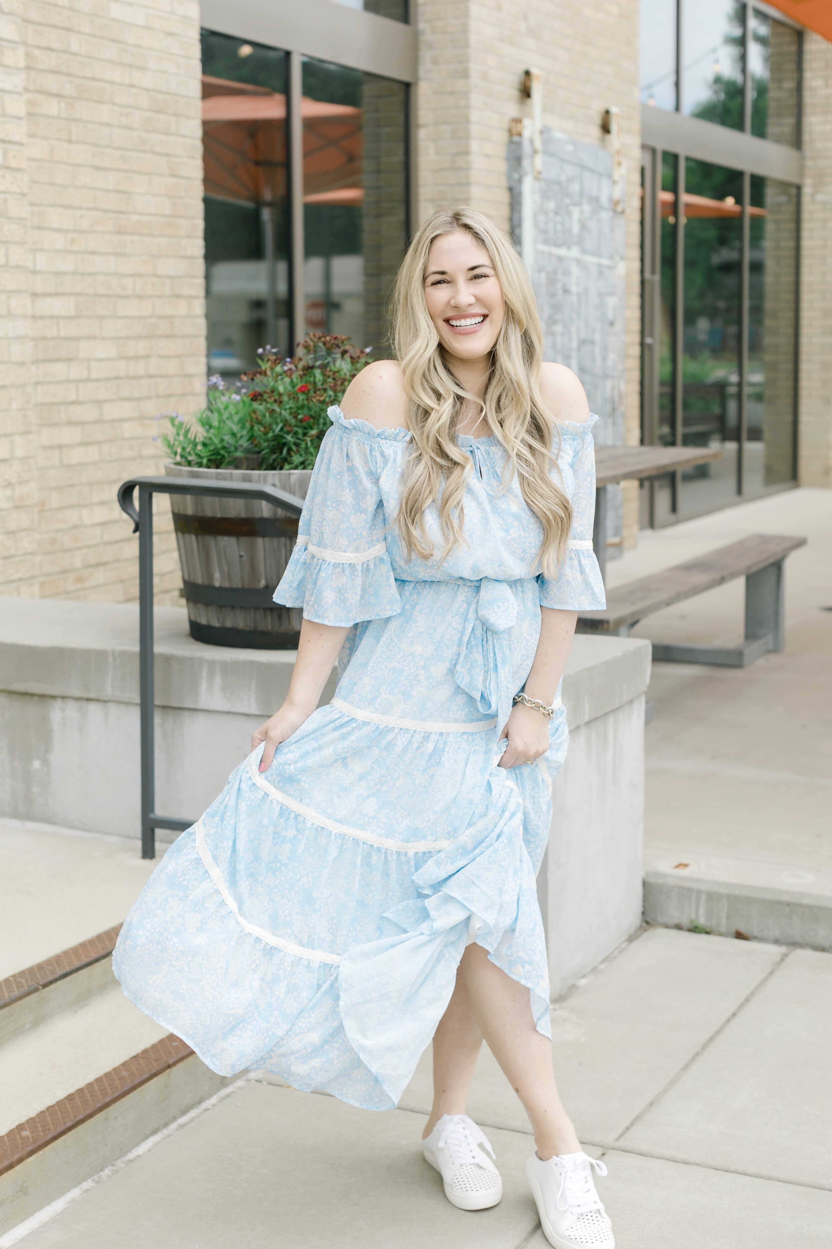 Midi and Maxi dresses for summer featured by top Memphis fashion blogger, Walking in Memphis in High Heels: image of a woman wearing a Pink Blush blue maxi floral dress.