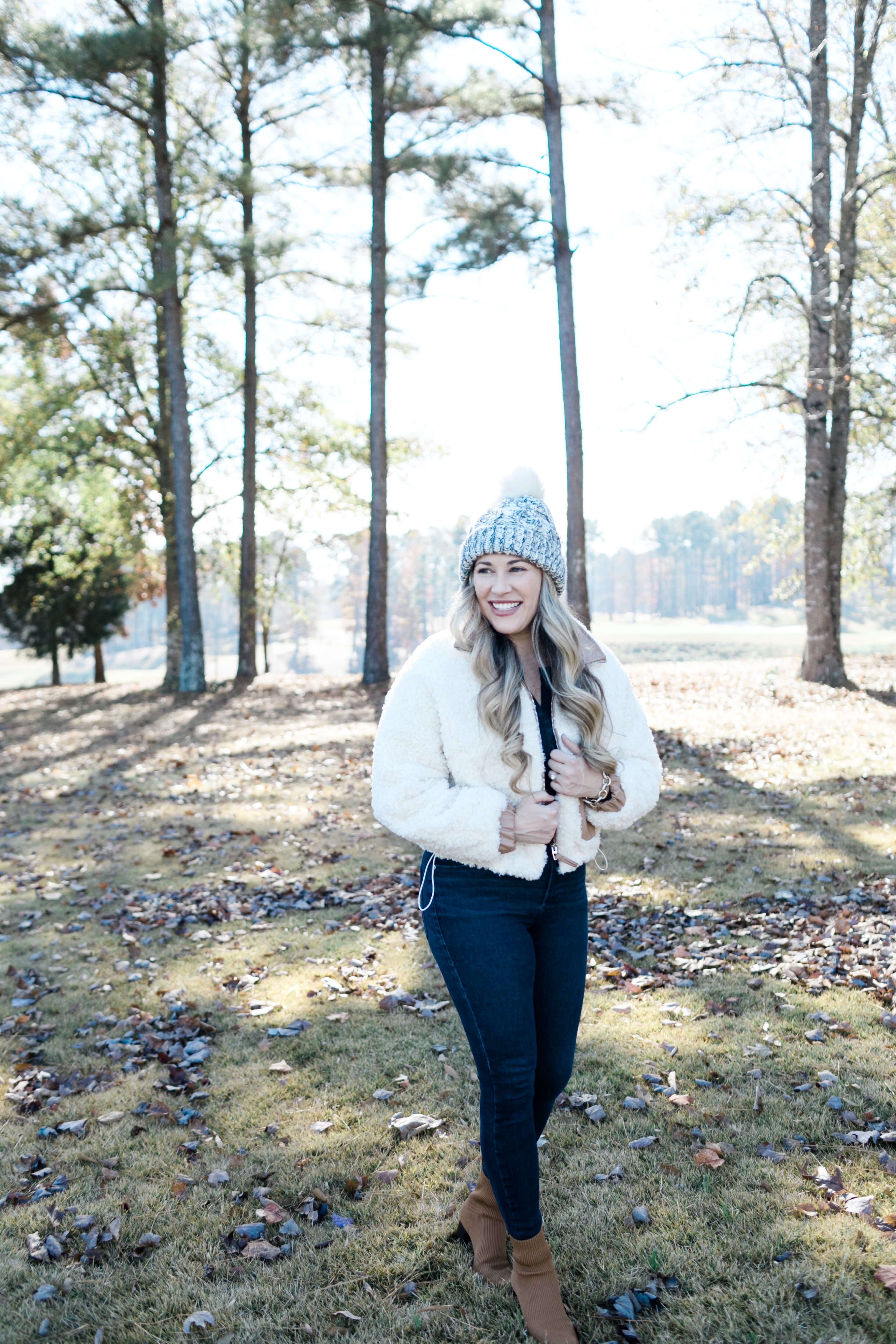 BLANKNYC sherpa bomber jacket styled by top US mom fashion blogger, Walking in Memphis in High Heels.