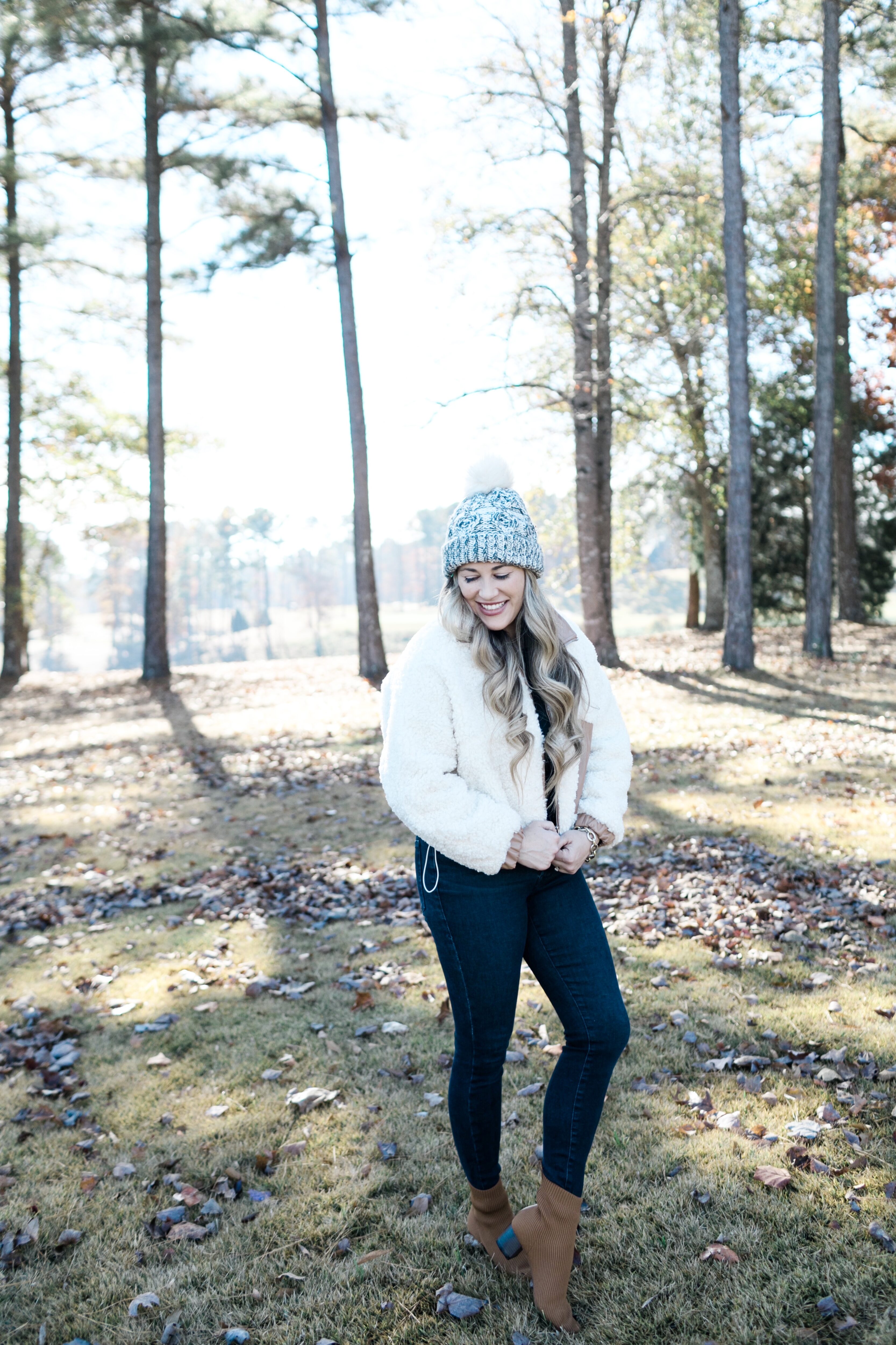 BLANKNYC sherpa bomber jacket styled by top US mom fashion blogger, Walking in Memphis in High Heels.