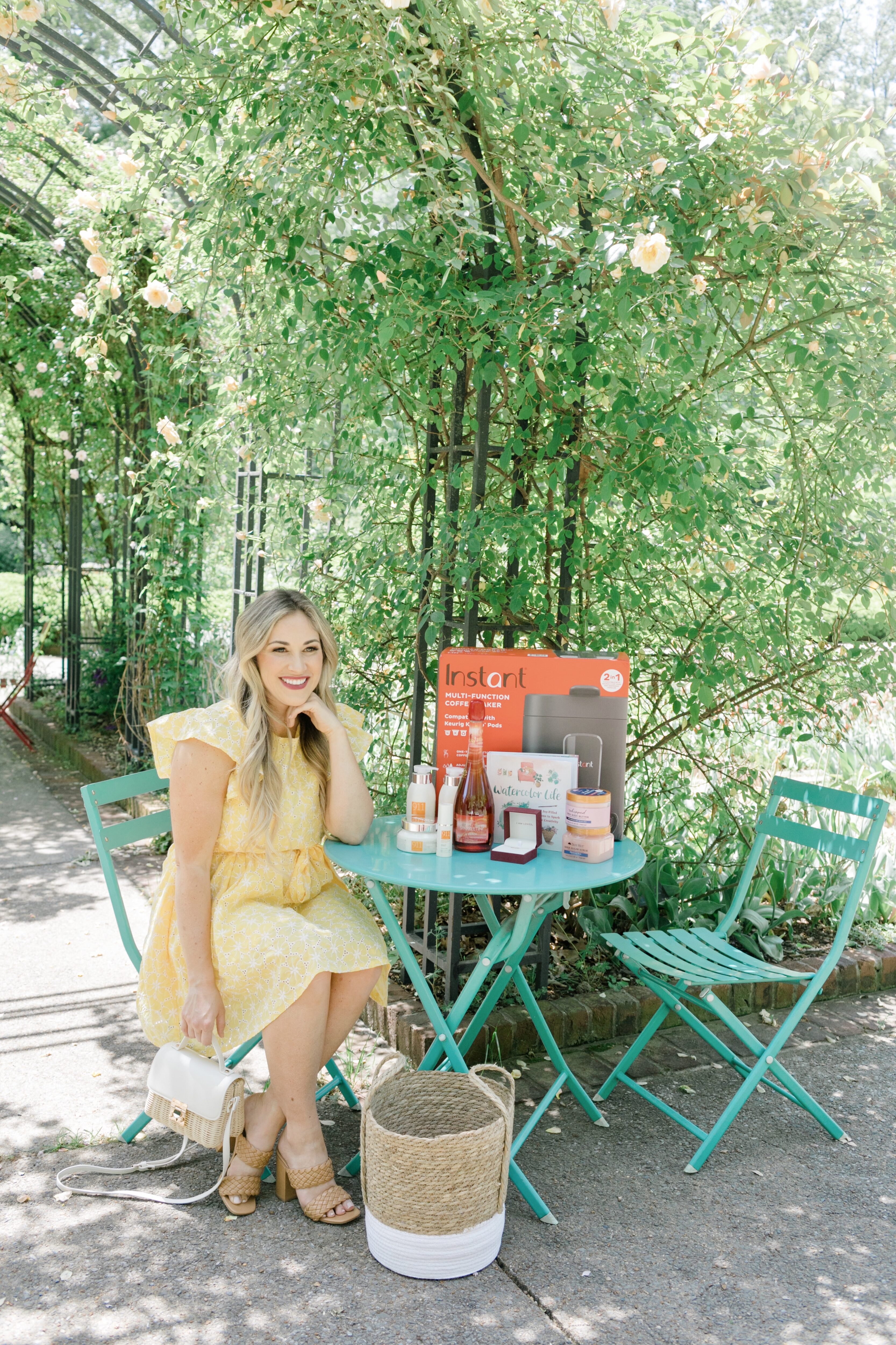 Mother's Day outfit, yellow dress, green table, spring outfit