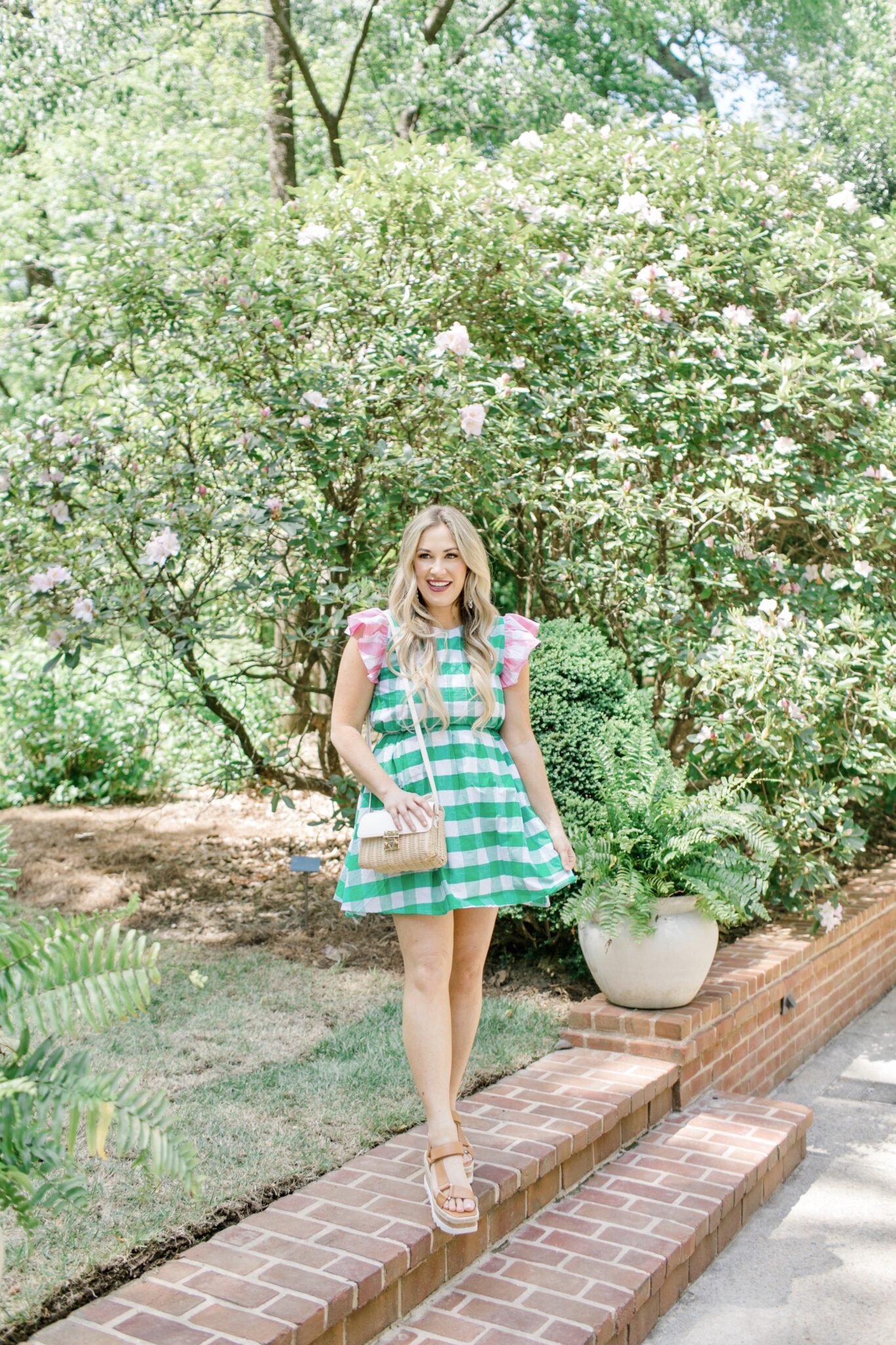 kentucky derby dress: green plaid dress with pink sleeves