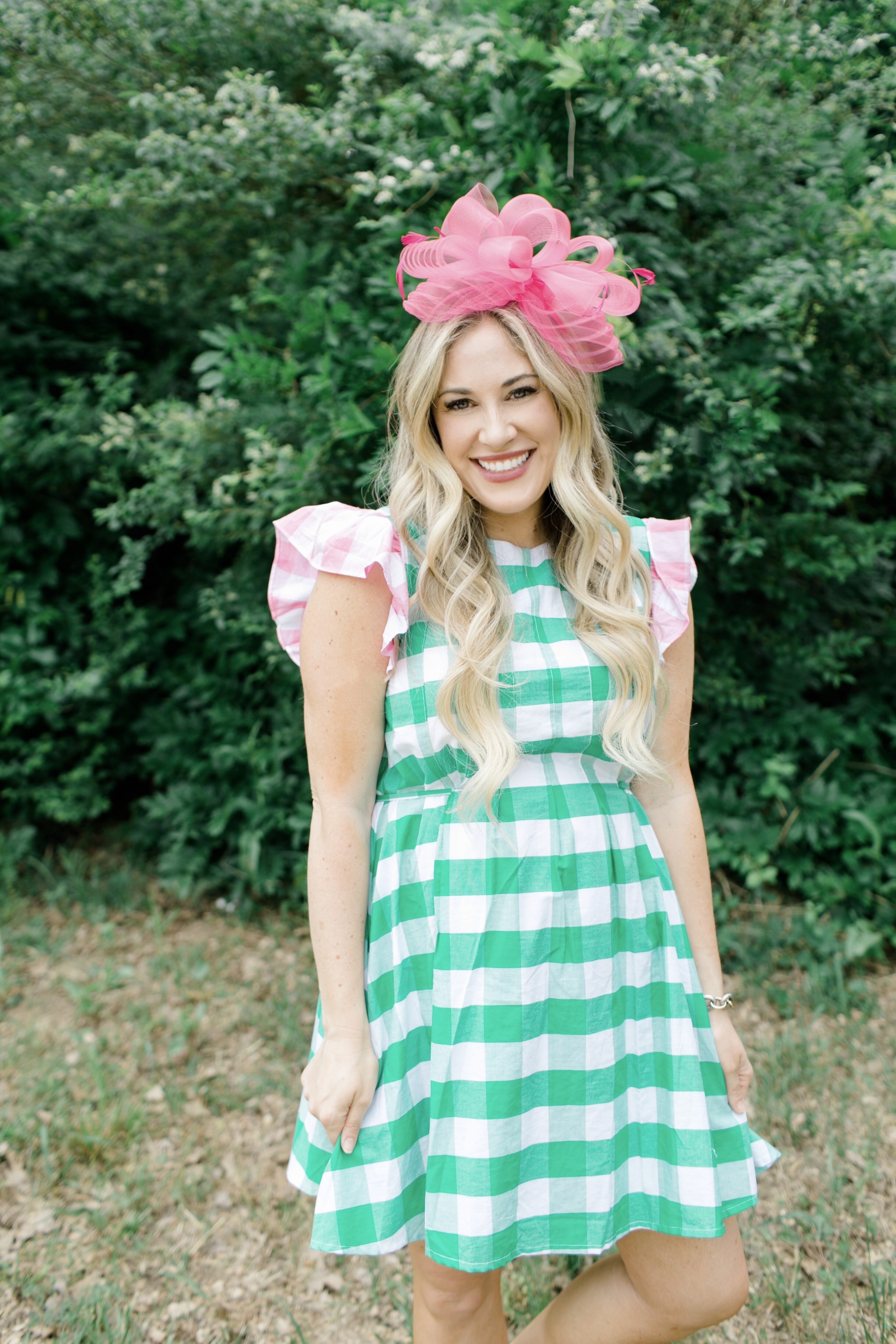 kentucky derby dress: green plaid dress with pink sleeves