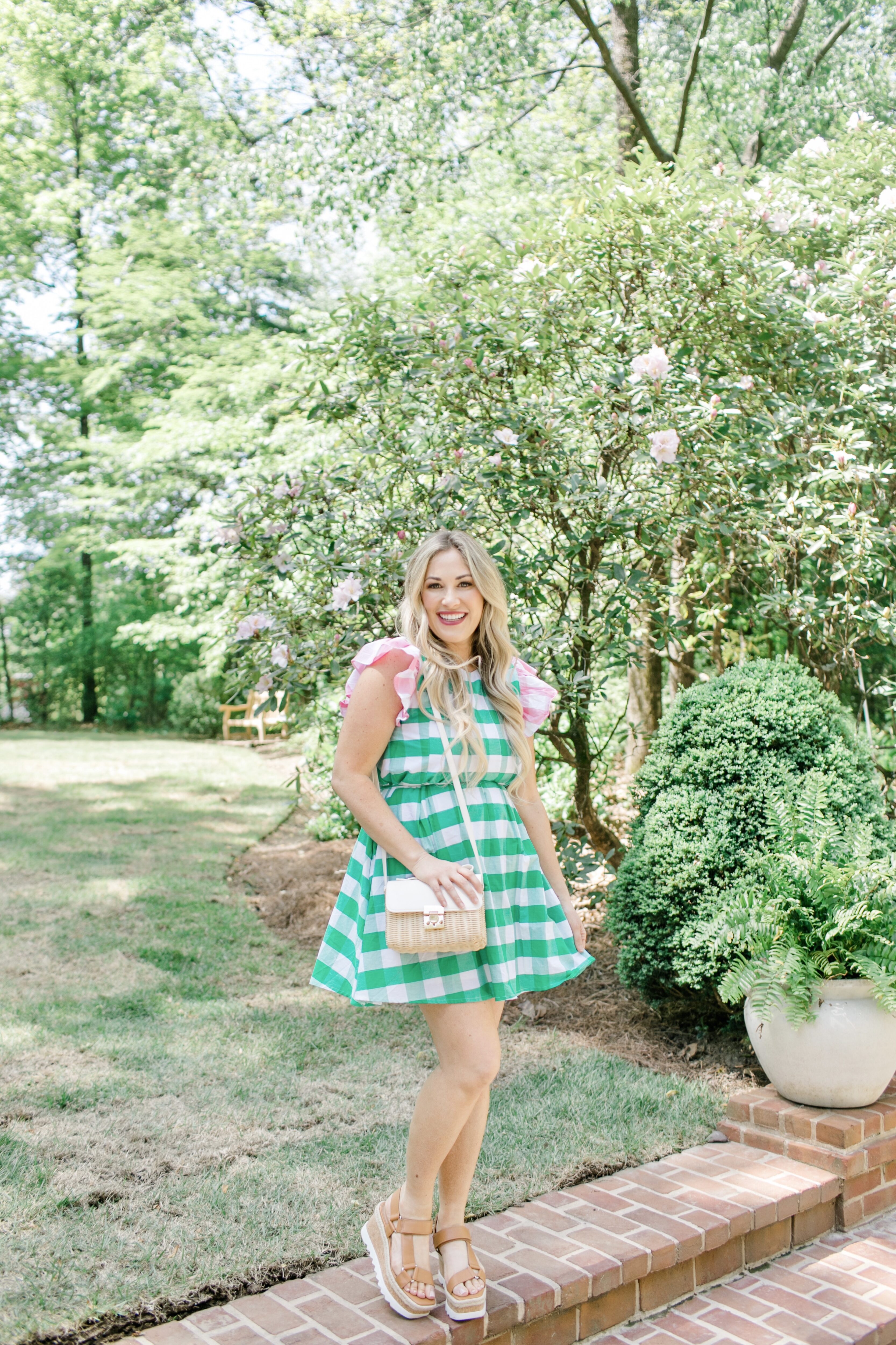 kentucky derby dress: green plaid dress with pink sleeves