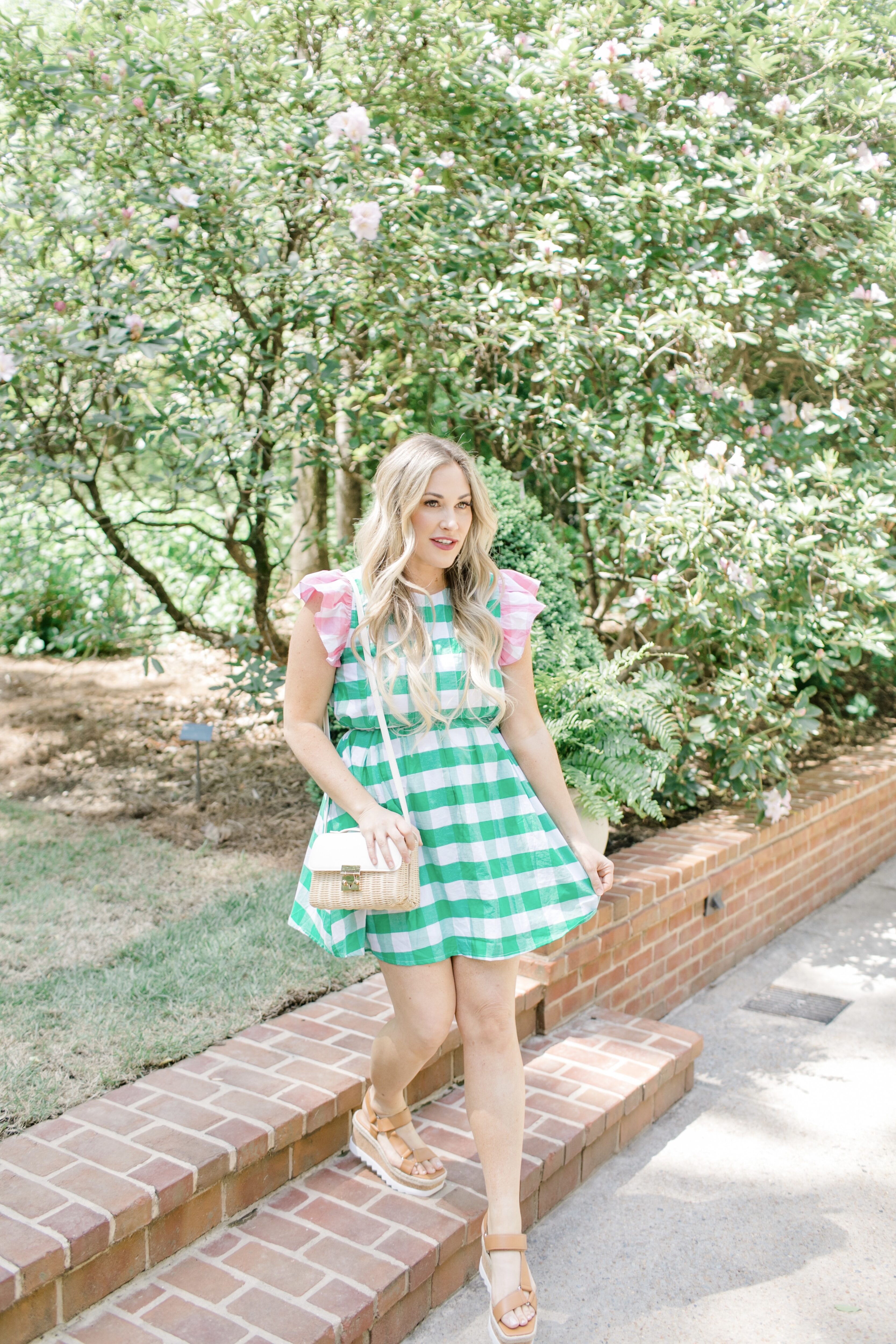 kentucky derby dress: green plaid dress with pink sleeves