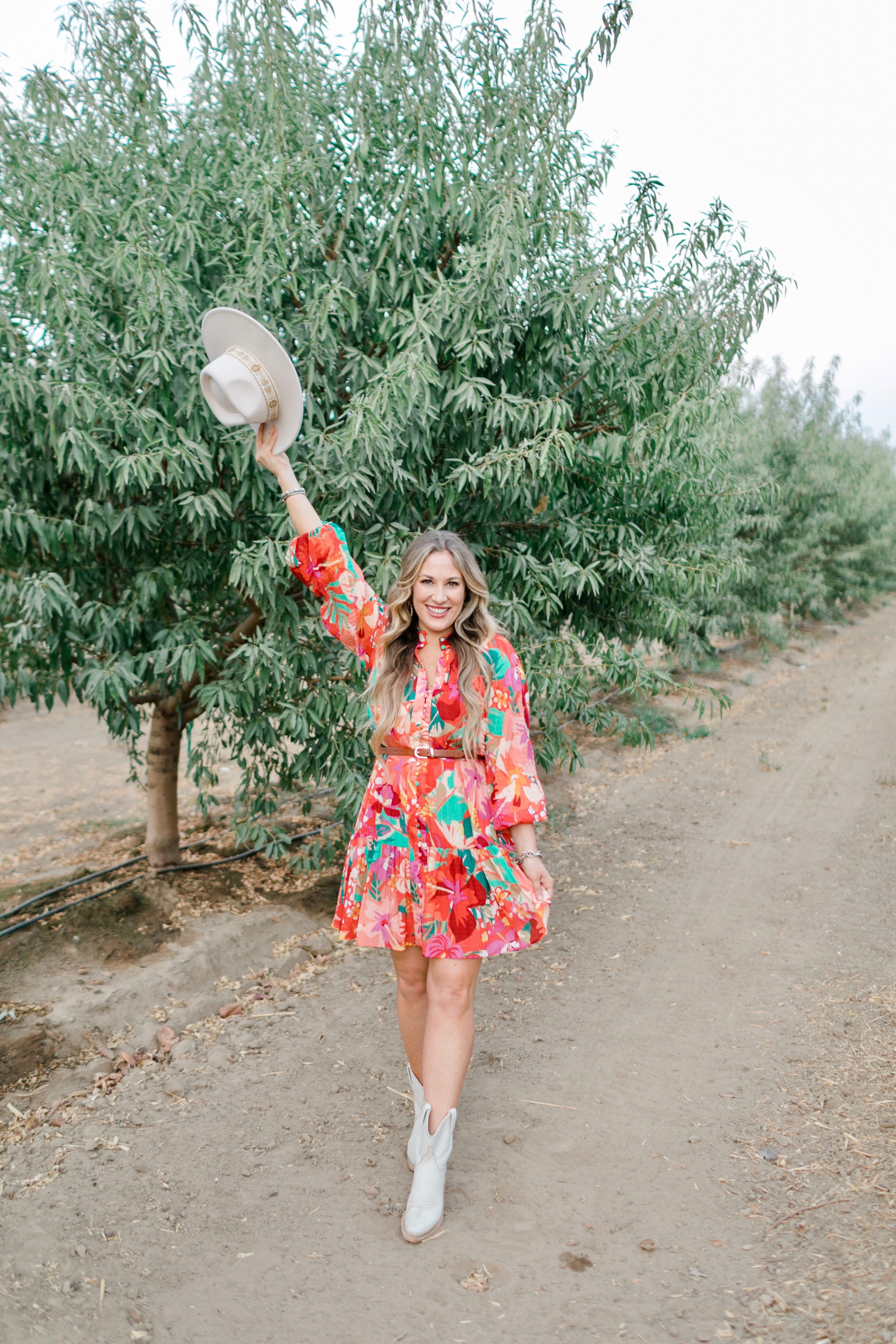 floral dress with hat, my favorite fall hats, fall outfit inspiration