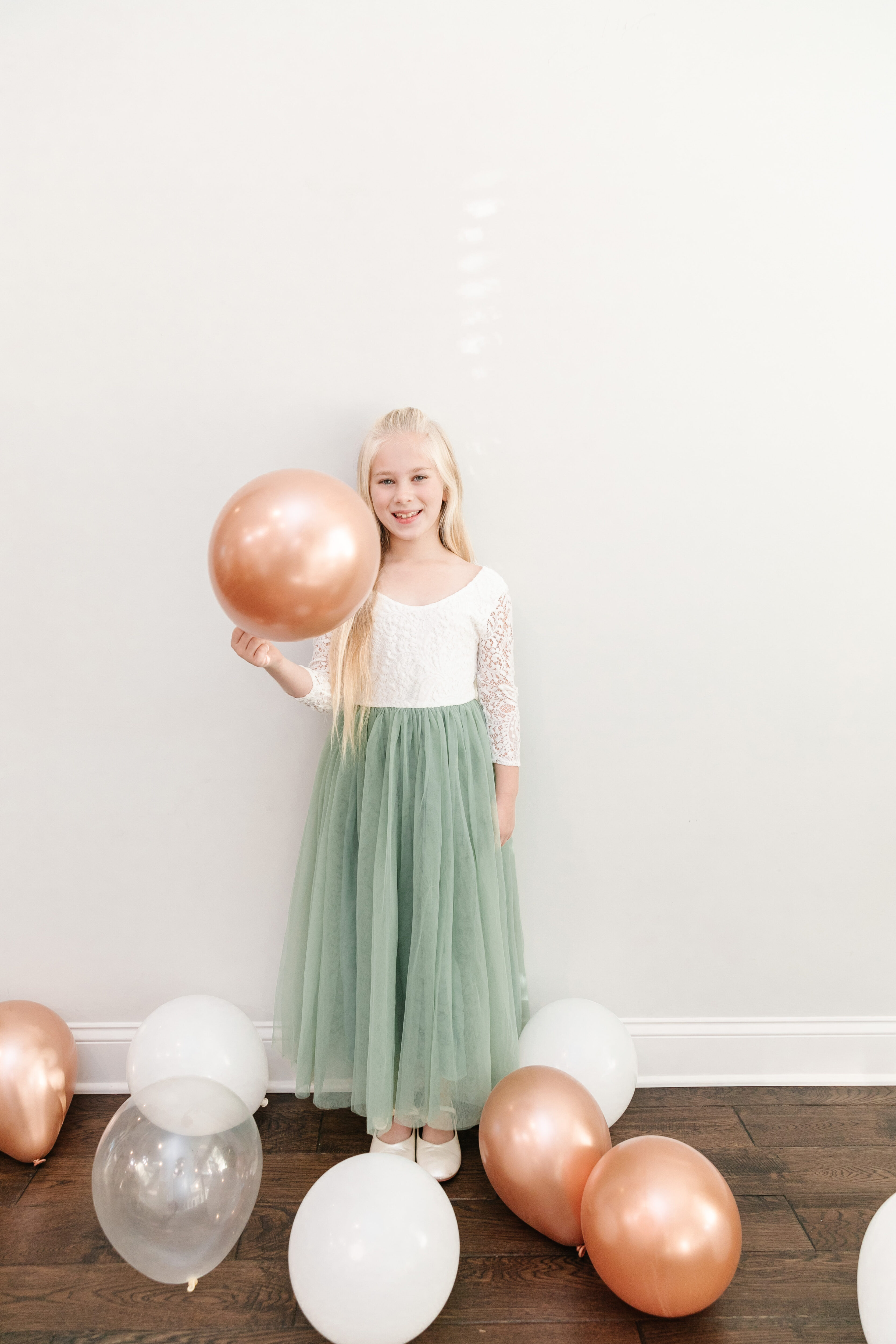 birthday girl, 8th birthday, sage dress, gold balloon