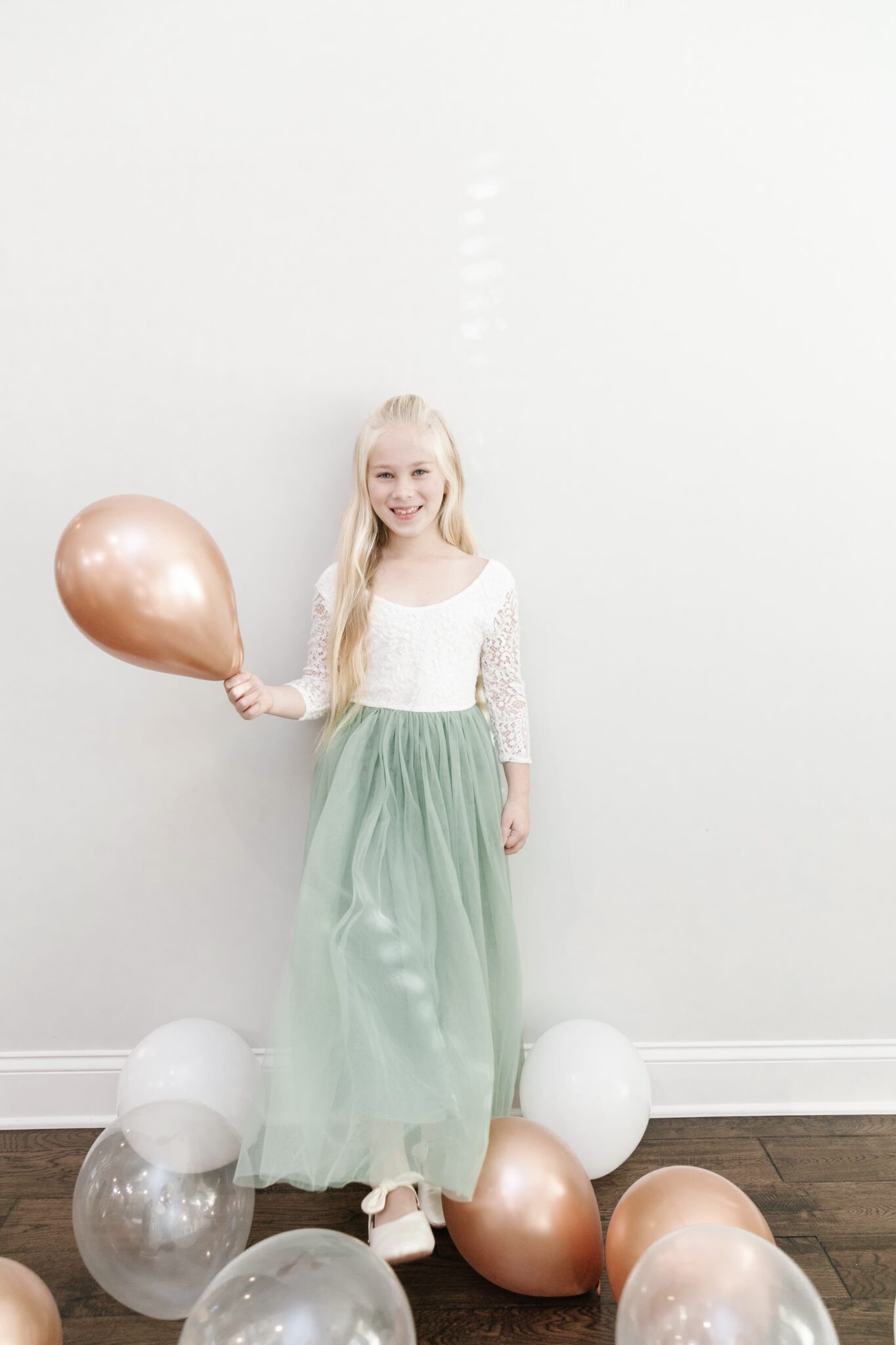 birthday girl, 8th birthday, sage dress, gold balloon