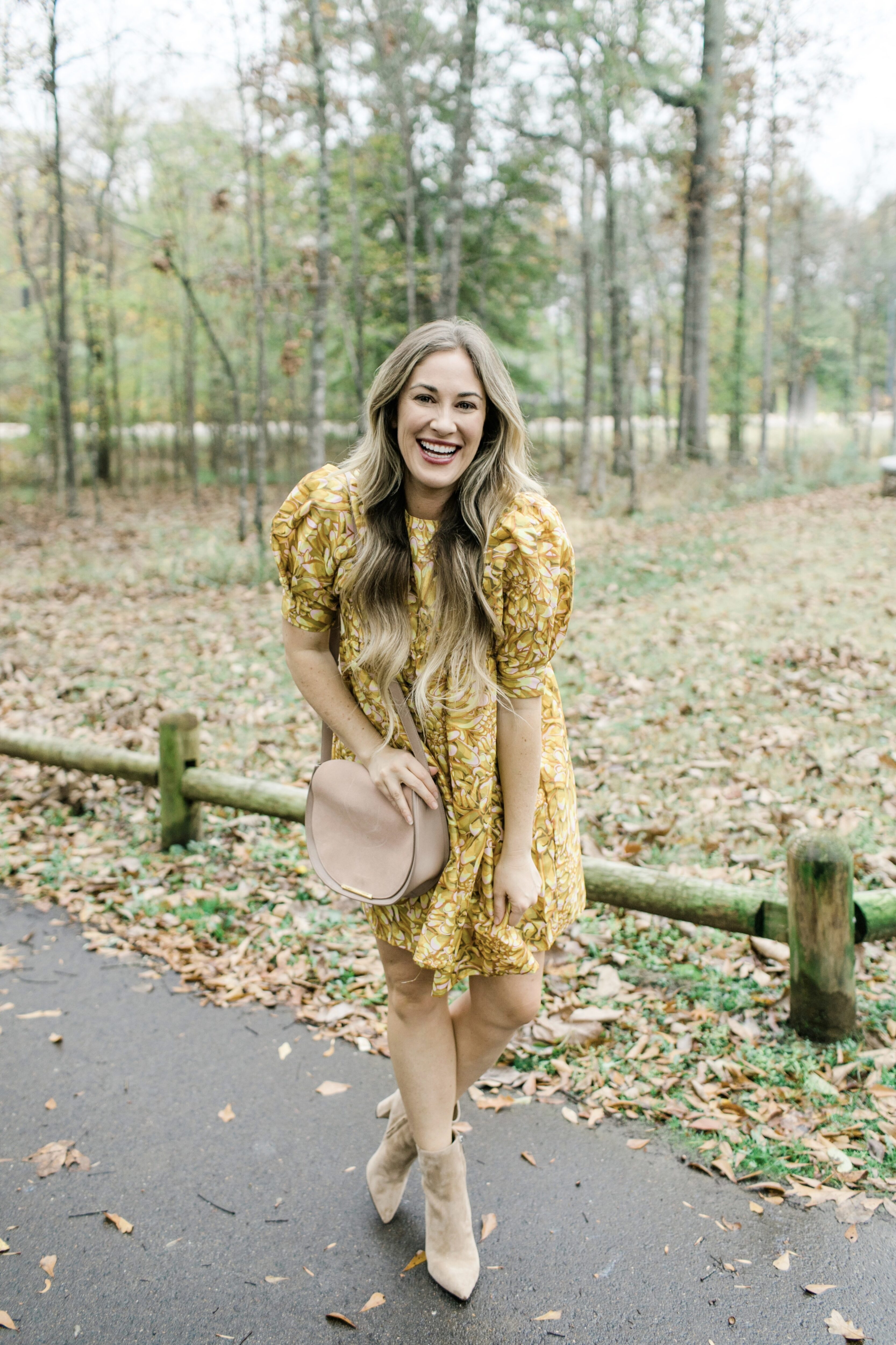 floral dress with winter boots