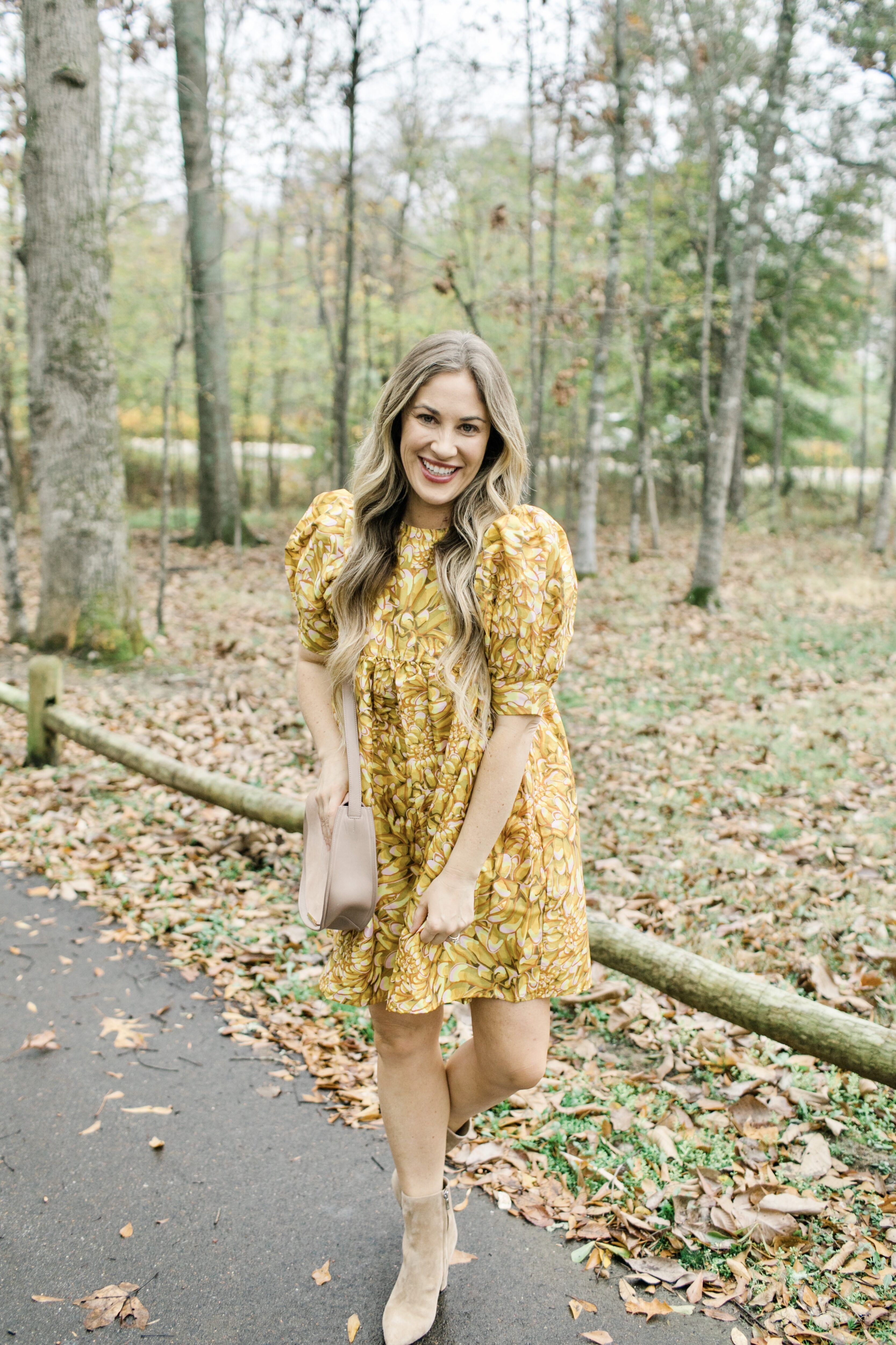 floral dress with winter boots