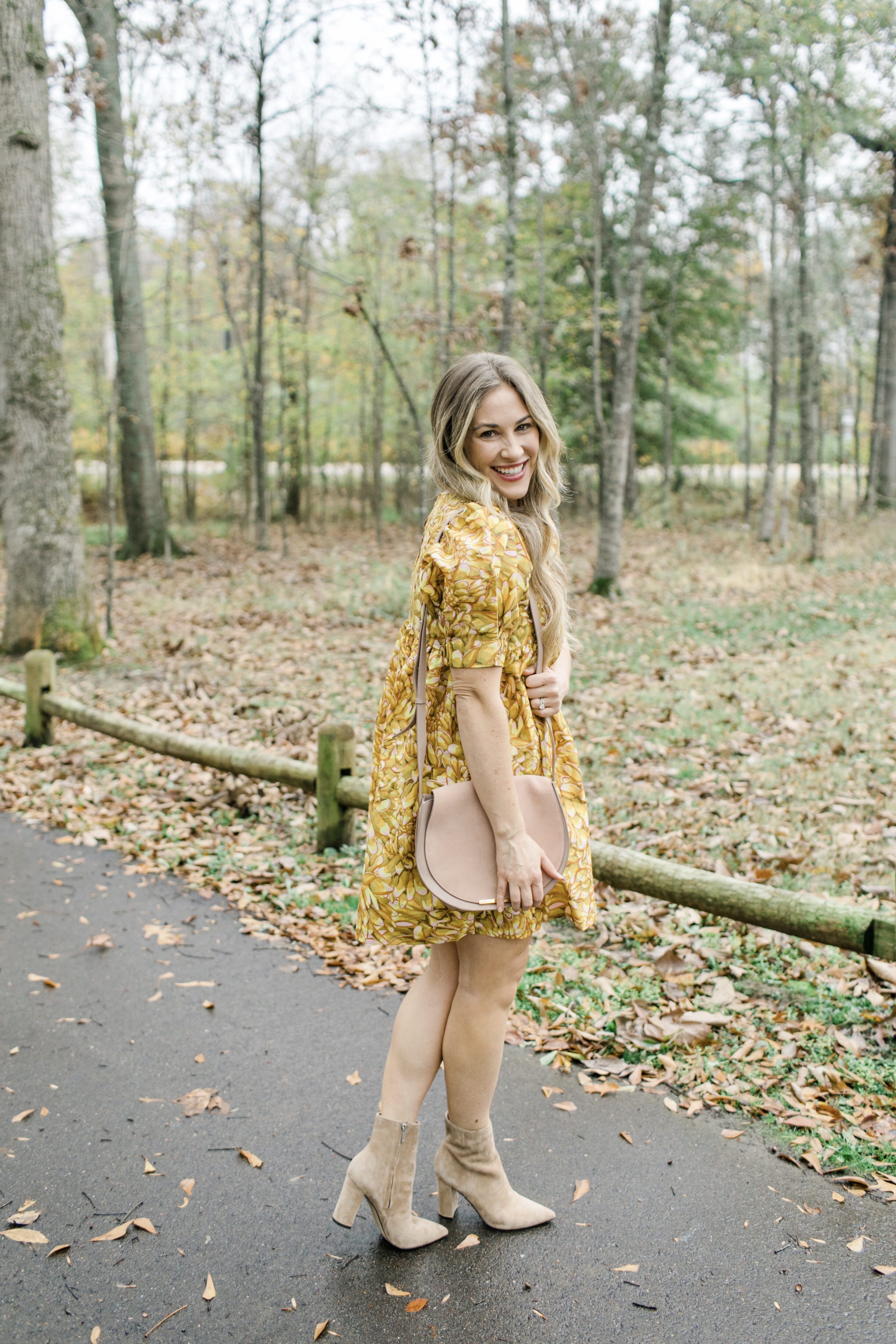 floral dress with winter boots