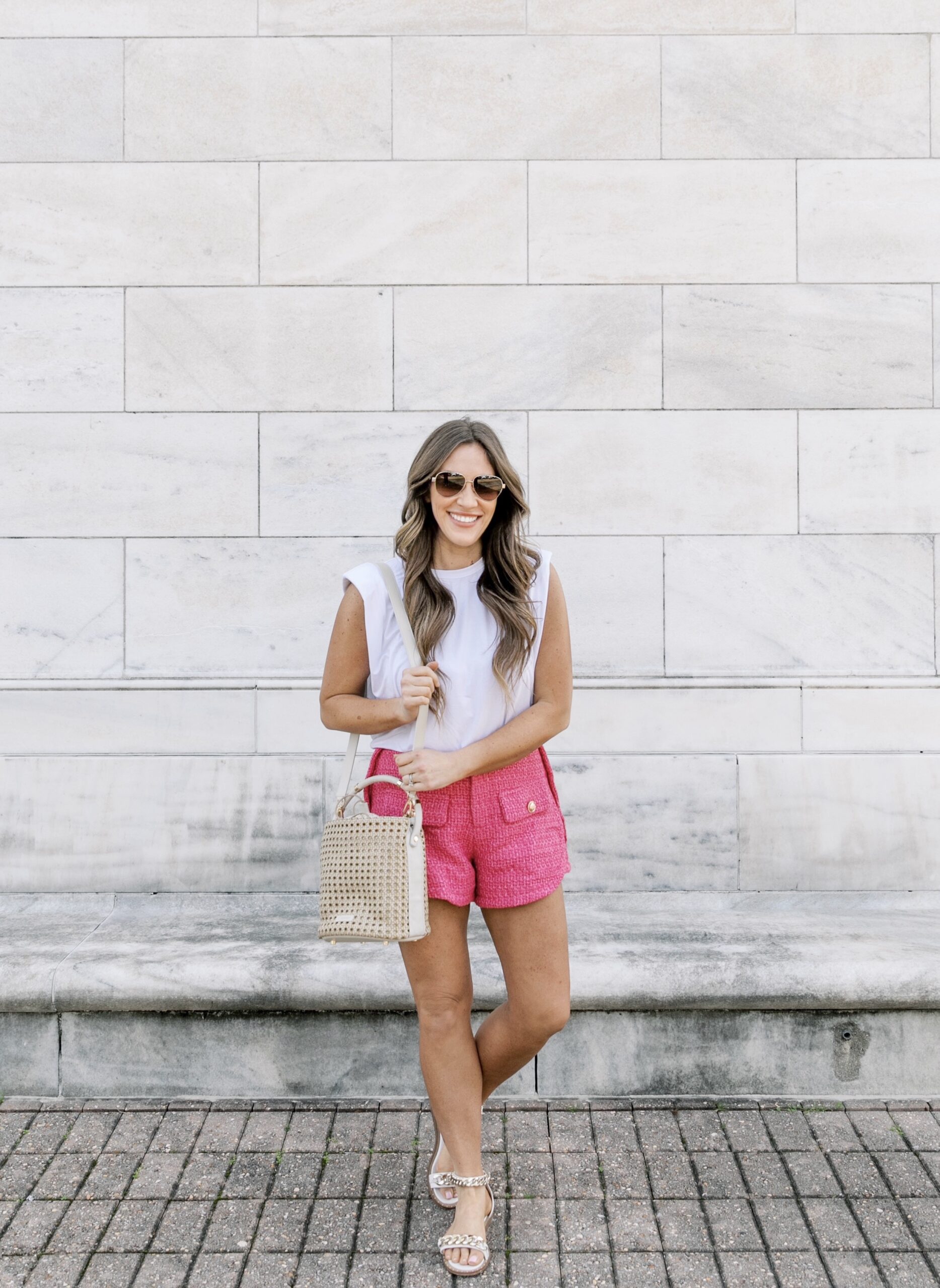 pink shorts for spring, spring shorts, spring outfit