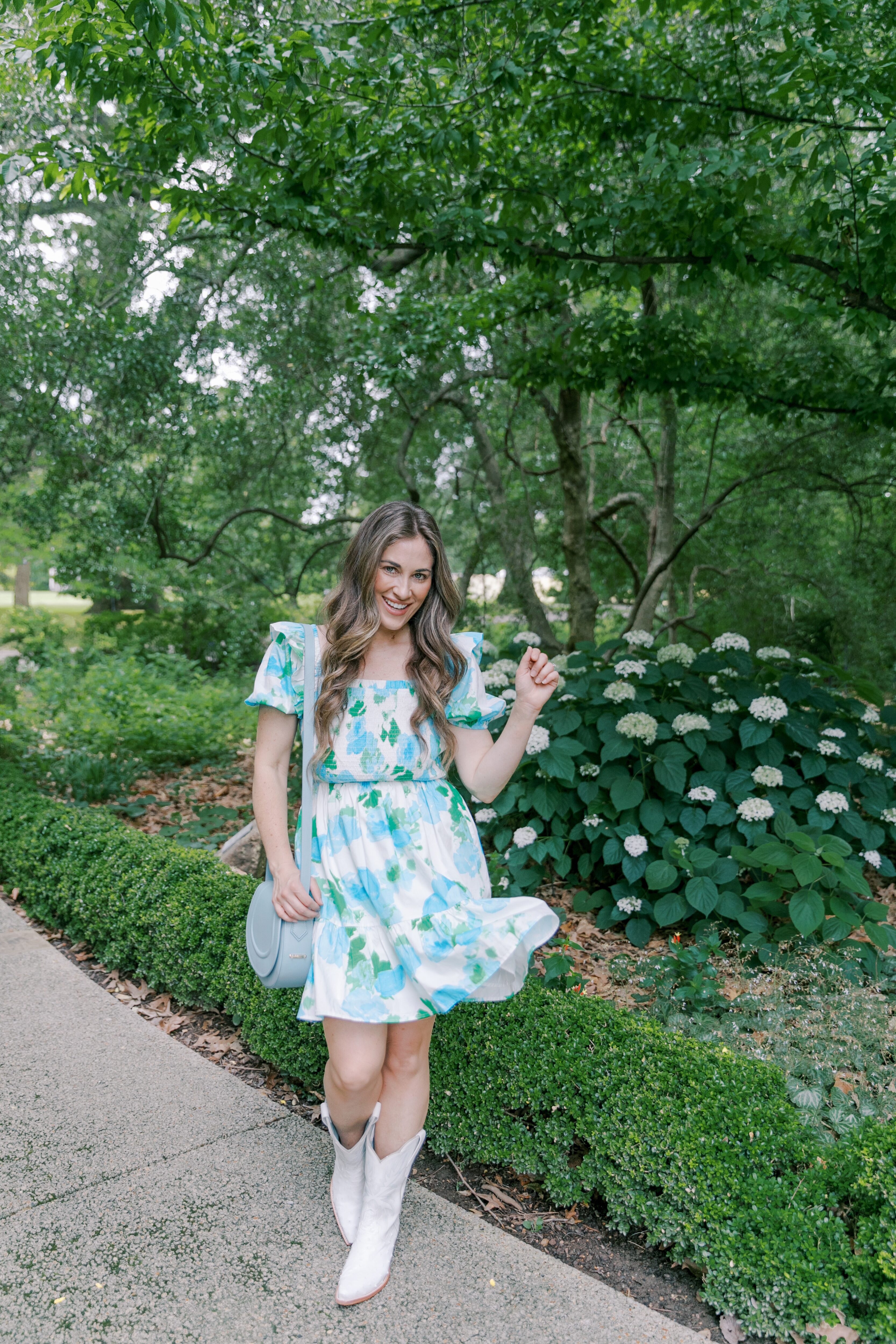 cowboy boots outfit, floral print dress