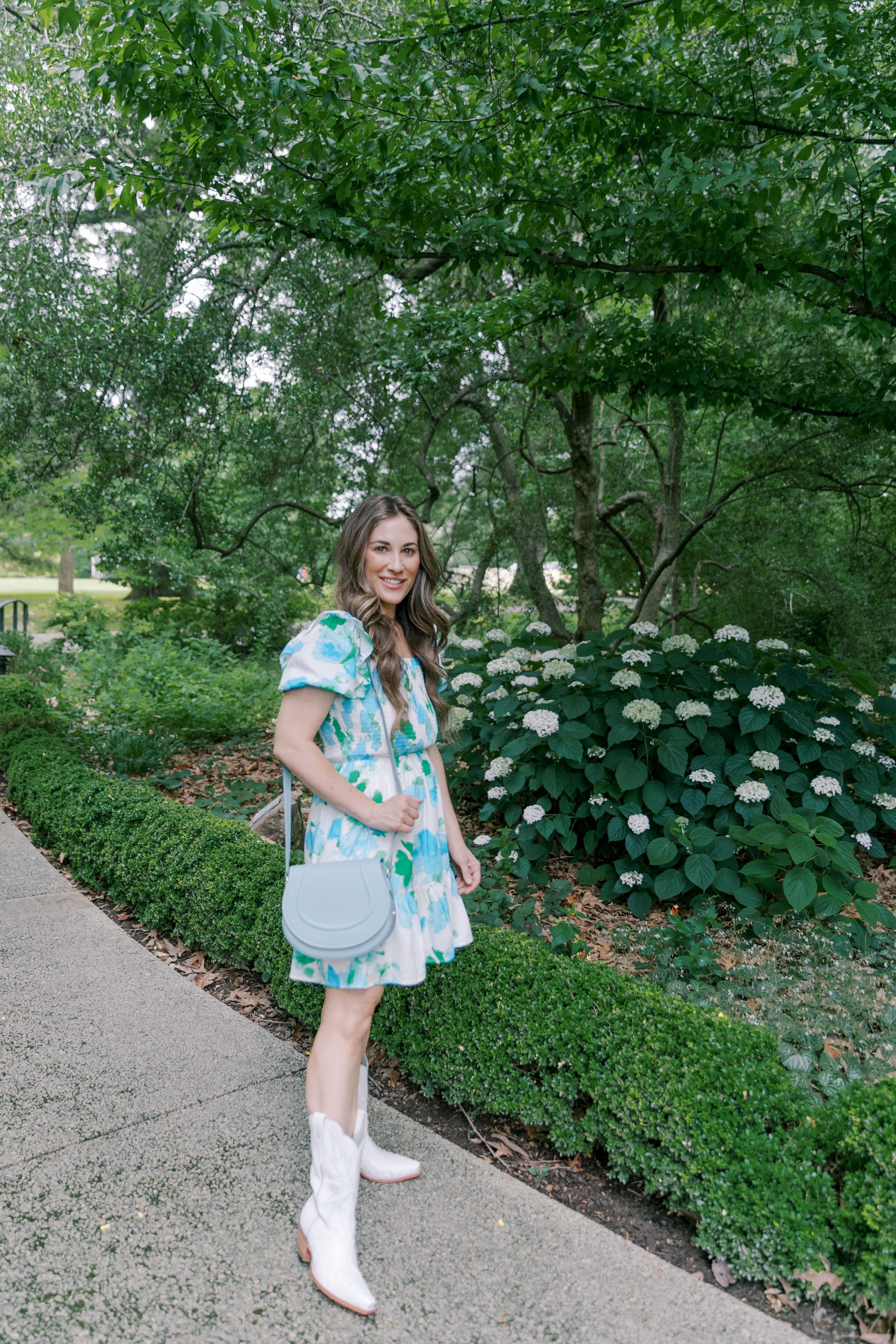 cowboy boots outfit, floral midi dress